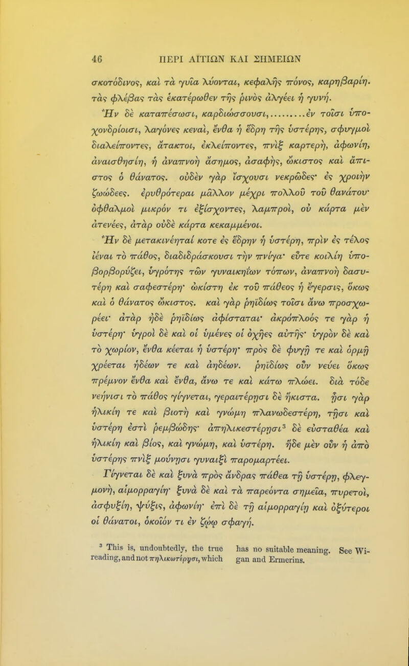 aKOT6Bivo<s, Koi ra yvta Xvovrau, Ke^aXri<; 7r6vo<;, KapTj^apir}. TO,? 0Xe/3a9 ra? eKarepoodev Tr]<; piv6<i aXyeeL 17 yvvi]. 'Hv Be Karaireacoai^ KapSicoaaova-L, eV tolctl vtto- ')(ovBpLOiaL, \ay6ve<i Kcval, ev6a 7; ehp-q Tr}<; vaTepr]<;, acf)vyfMol Bi-aXeLTrovT€<;, dra/crot, iKXeLTrovre^;, ttvI^ Kaprepr], dcptovLT], dvaLadrjo-LT], rj dvairvorj darj/jLO^, daa^rj:;, coKtaro^ Kol diri- o-To<i 6 6dvaT0<i. ouBev yap icT'^ovaL veKpcoBe<i' e? '^otrjv ^coct)Be€<;. ipvOporepai ficCKXov P'^XP^ irdXkov rov davdrov o^OaXpol fiLicpov Tt i^Lo-xpvT€^, Xapurpol, ov Kapra p,ev arevee?, drdp ovBe Kapra KeKap,p,evoi. *H.v Be p,eTaKLver]Tai Kore eBprjv r] varipr}, irplv reXo? levaL TO irddo^;, BiaBtBpdaKovaL rrjV TrvLya' evre KotXit] vtto- ^op/3opv^eL, vypoTf]^ twv yvvaLKr}tcov roTrav, dvairvorj Baav- repr) Koi cracfjea-Tepr)' WKiarr) eK rov Trddeo^i rj eyepcrt?, OKco<i Koi 6 ddvaro<; mklctto'^. koi yap prjlBioif; rocaL dvco Trpocrxco- piet' drdp rjBe pTqlBiw^ dcfiLararaL' aKpoifKoo^; re yap 17 vcrreprj' vypol Be Kal ol vfMeve<; ol o^^e? avrrj<;' vypbv Be KaX ro Xj^piov, ev6a Keerai 17 variprj' 7r/309 Be (pxjyj] re kol 6p/xfj XP^eTab r)Bicov re Kal drjBewv. prjlBico^} ovv vevet o/kcd? Trpifivov ev6a Kal evOa, dvw re Kal Kdroj TrXcoet. Bid roBe V€t]vi(TL TO irddo<i yiyverai, yepaireprjat Be rjKLara. fjat yap riXiKLrj re Kal ^lorrj Kal yvcop^r) TrXavcoBeareprj, rrjaL Kal varepr} earl pep-^coBrj^ drrriXiKecrreprja-i^ Be evaraOea kol rjXiKLr) Kal ^lo<;, Kal yv(o/xr], Kal varepr]. ijBe p,ev ovv rj diro varepr)<; irvl^ p^ovvyat yvvai^l irapopupreet. FvyveraL Be Kal ^vvd Trpo? dvBpa<i rrdOea rfj varepr], tpXey- fiovr], alpoppayir]' ^vvd Be Kal rd irapeovra aij/Meta, Trvperol, da(f)v^Lr], yjrv^L';, d<f)covtr]' iirl Be rfj alp,oppayLr] Kal o^vrepoc ol Odvaroi, okolov ri ev ^mw acfjayrj. ' This is, undoubtedly, the true has no suitable meaning. See Wi- reading, and not TrrjXiKojrkpyai, which gan and Ermerins.