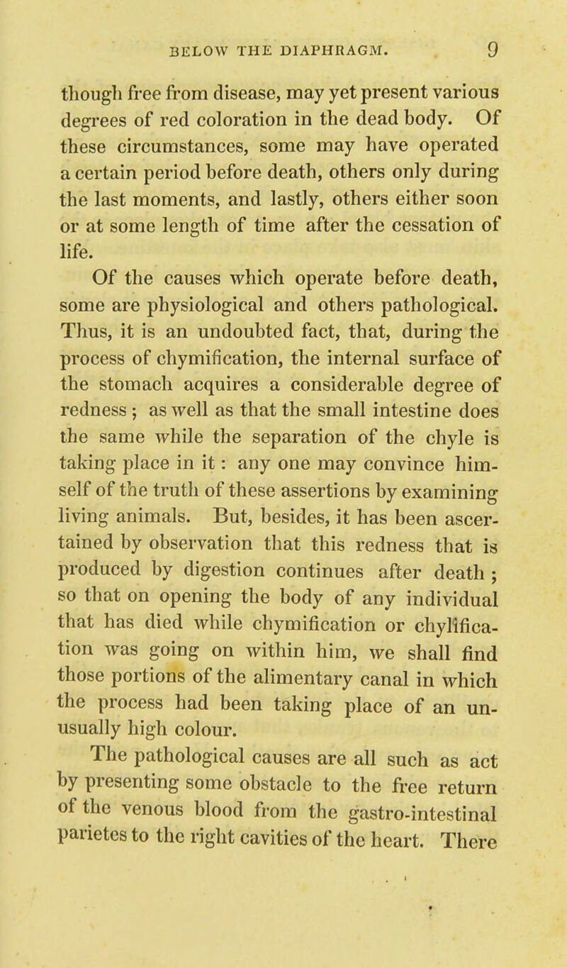 though free from disease, may yet present various degrees of red coloration in the dead body. Of these circumstances, some may have operated a certain period before death, others only during the last moments, and lastly, others either soon or at some length of time after the cessation of life. Of the causes which operate before death, some are physiological and others pathological. Thus, it is an undoubted fact, that, during the process of chymification, the internal surface of the stomach acquires a considerable degree of redness ; as well as that the small intestine does the same while the separation of the chyle is taking place in it: any one may convince him- self of the truth of these assertions by examining living animals. But, besides, it has been ascer- tained by observation that this redness that is produced by digestion continues after death ; so that on opening the body of any individual that has died while chymification or chylifica- tion was going on within him, we shall find those portions of the alimentary canal in which the process had been taking place of an un- usually high colour. The pathological causes are all such as act by presenting some obstacle to the free return of the venous blood from the gastro-intestinal parietes to the right cavities of the heart. There