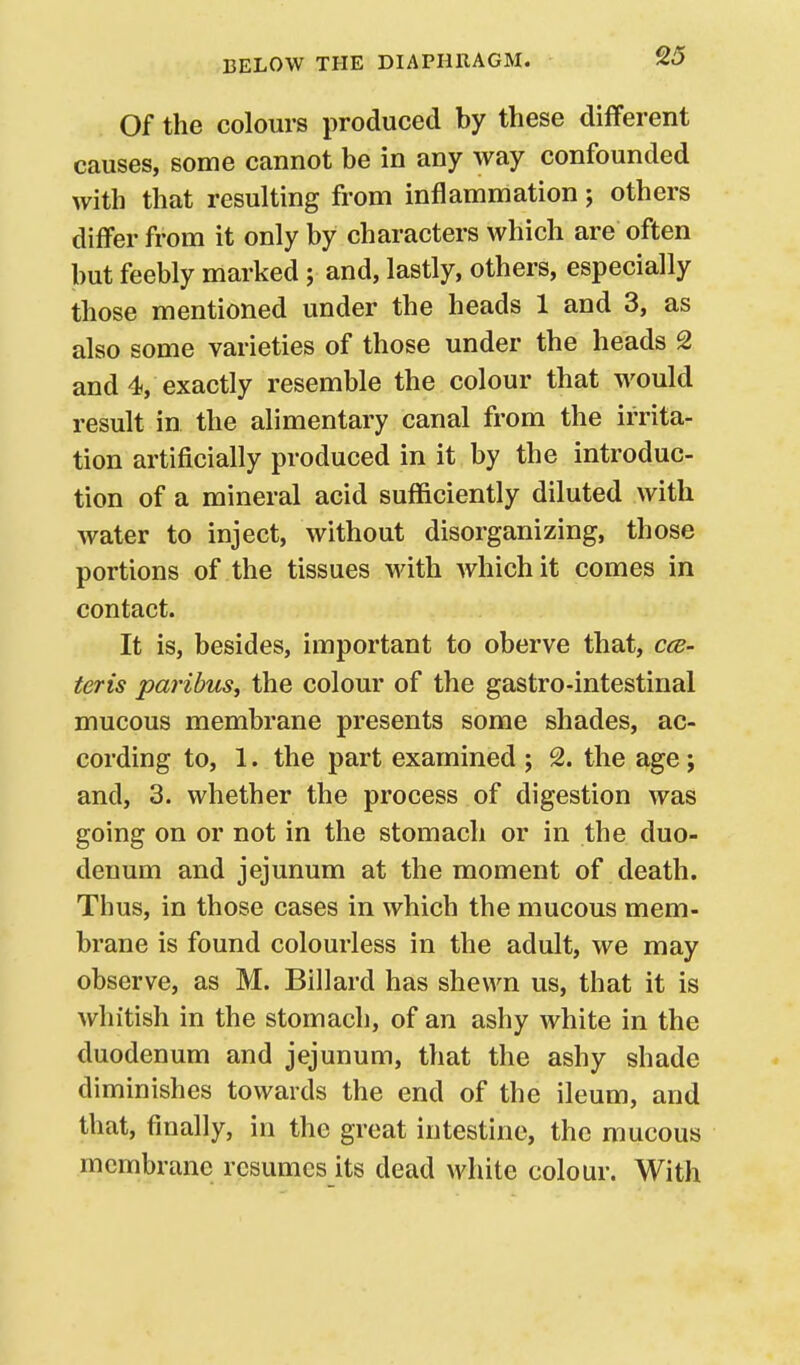 Of the colours produced by these different causes, some cannot be in any way confounded with that resulting from inflammation; others differ from it only by characters which are often but feebly marked; and, lastly, others, especially those mentioned under the heads 1 and 3, as also some varieties of those under the heads 2 and 4, exactly resemble the colour that would result in the alimentary canal from the irrita- tion artificially produced in it by the introduc- tion of a mineral acid sufficiently diluted with water to inject, without disorganizing, those portions of the tissues with which it comes in contact. It is, besides, important to oberve that, cce- teris paribus^ the colour of the gastro-intestinal mucous membrane presents some shades, ac- cording to, 1. the part examined ; 2. the age ; and, 3. whether the process of digestion was going on or not in the stomach or in the duo- denum and jejunum at the moment of death. Thus, in those cases in which the mucous mem- brane is found colourless in the adult, we may observe, as M. Billard has shewn us, that it is whitish in the stomach, of an ashy white in the duodenum and jejunum, that the ashy shade diminishes towards the end of the ileum, and that, finally, in the great intestine, the mucous membrane resumes its dead white colour. With