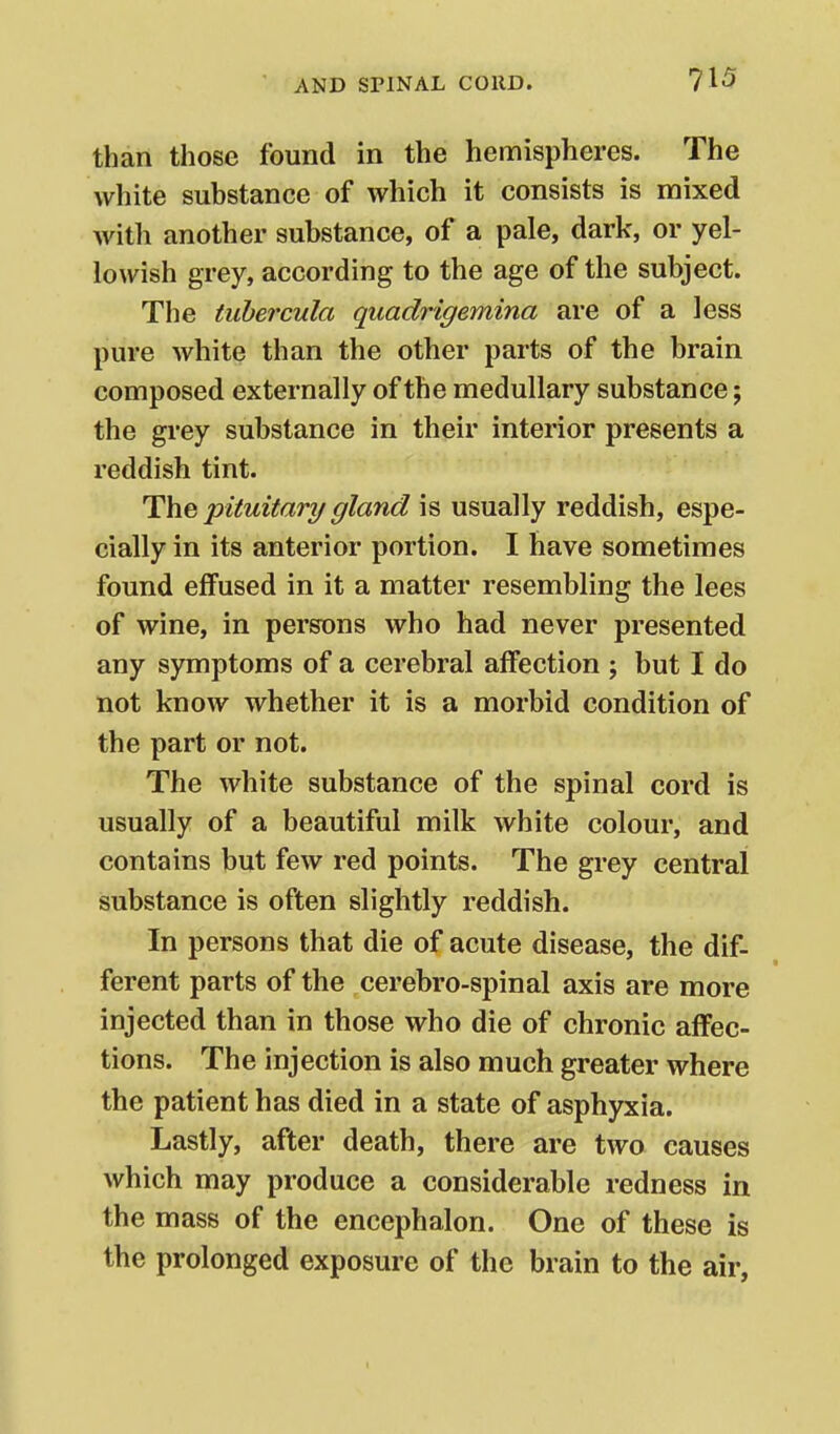than those found in the hemispheres. The white substance of which it consists is mixed Avith another substance, of a pale, dark, or yel- lowish grey, according to the age of the subject. The tuhercula quadrigemina are of a less pure white than the other parts of the brain composed externally of the medullary substance; the grey substance in their interior presents a reddish tint. The pituitary gland is usually reddish, espe- cially in its anterior portion. I have sometimes found effused in it a matter resembling the lees of wine, in persons who had never presented any sjnnptoms of a cerebral affection ; but I do not know whether it is a morbid condition of the part or not. The white substance of the spinal cord is usually of a beautiful milk white colour, and contains but few red points. The grey central substance is often slightly reddish. In persons that die of acute disease, the dif- ferent parts of the cerebro-spinal axis are more injected than in those who die of chronic affec- tions. The injection is also much greater where the patient has died in a state of asphyxia. Lastly, after death, there are two causes which may produce a considerable redness in the mass of the encephalon. One of these is the prolonged exposure of the brain to the air,