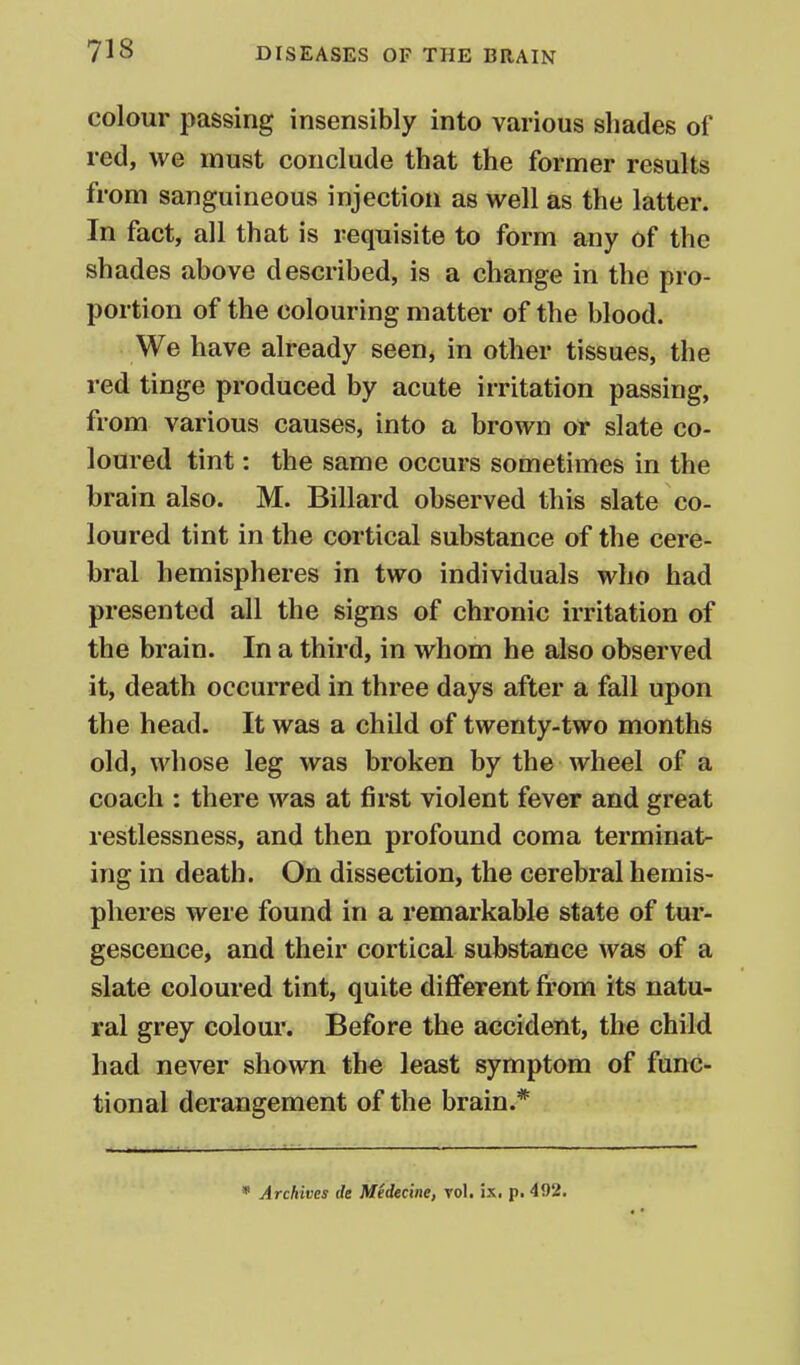colour passing insensibly into various shades of red, we must conclude that the former results from sanguineous injection as well as the latter. In fact, all that is requisite to form any of the shades above described, is a change in the pro- portion of the colouring matter of the blood. We have already seen, in other tissues, the red tinge produced by acute irritation passing, from various causes, into a brown or slate co- loured tint: the same occurs sometimes in the brain also. M. Billard observed this slate co- loured tint in the cortical substance of the cere- bral hemispheres in two individuals who had presented all the signs of chronic irritation of the brain. In a third, in whom he also observed it, death occurred in three days after a fall upon the head. It was a child of twenty-two months old, whose leg was broken by the wheel of a coach : there was at first violent fever and great restlessness, and then profound coma terminat- ing in death. On dissection, the cerebral hemis- pheres were found in a remarkable state of tur- gescence, and their cortical substance was of a slate coloured tint, quite different from its natu- ral grey colour. Before the accident, the child had never shown the least symptom of func- tional derangement of the brain.* * Archives tie Mtdecine, Tol. ix. p. 492.