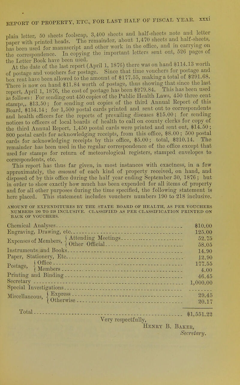 Dlaiu letter, 50 sheets foolscap, 3,400 sheets and half-sheets note and letter paper with printed heads. The remainder, about 1,470 sheets and half-sheets, has been used for manuscript and other work in the office, and in carrying on the correspondence. In copying the important letters sent out, 526 pages ot the Letter Book have been used. i lo ^.i At the date of the last report (April 1, 1876) there was on hand ^114.13 woith of postao-e and vouchers fur postage. Since that time vouchers for postage and box reut°have been allowed to the amount of 1177.55, making a total of $291.68. There is now on hand $11.84 worth of postage, thus showing that since the last report, April 1, 1876, the cost of postage has been $279.84. This has been used as follows: For sending out 450 copies of the Public Health Laws, 450 three cent stamps,, $13.50; for sending out copies of the third Annual Eeport of this Board, $154.14; for 1,500 postal cards printed and sent out to correspondents and health officers for the reports of prevailing diseases $15.00; for sending notices to officers of local boards of health to call on county clerks for copy of the third Annual Eeport, 1,450 postal cards were printed and sent out, $14.50 ; 800 postal cards for acknowledging receipts, from this office, $8.00; 500 postal cards for acknowledging receipts by this office, $5.00; total, $210.14. The remainder has been used in the regular correspondence of the office except that used for stamps for return of meteorological registers, stamped envelopes to correspondents, etc. This report has thus far given, in most instances with exactness, in a few approximately, the mmimt of each kind of property received, on hand, and disposed of by this office during the half 3'ear ending September 30, 1876 ; but in order to show exactly how much has been expended for all items of property and for all other purposes during the time specified, the following statement is here placed. This statement includes vouchers numbers 190 to 218 inclusive. AMOUNT OF EXPENDITURES BY THE STATE BOARD OF HEALTH, AS PER VOUCHERS NUMBERS 190 TO 218 INCLUSIVE. CLASSIFIED AS PER CLASSIFICATION PRINTED ON BACK OF VOUCHERS. Chemical Analyses $10.00 Engraving, Drawing, etc.. 125.00 Exnen«cs of Members \ attending Meetings 52.75 iixpen.cs 01 MemDeis, | ^^^^^^ ^^^.^^ _ _ ^^^^^ Instruments and Books 14.90 Paper, Stationery, Etc 12.90 Po^tatre i Office.-- ..... 177!55 °' [Members.. 4,00 Printing and Binding 46.45 Secretary 1,000.00 Special Investigations Miscellaneous, 1 P^'^^'^- ' '^'^■^^ (Otherwise 20.17 - - $1,55L22 Very respectfully, liENRY B. Baker, Secretary.