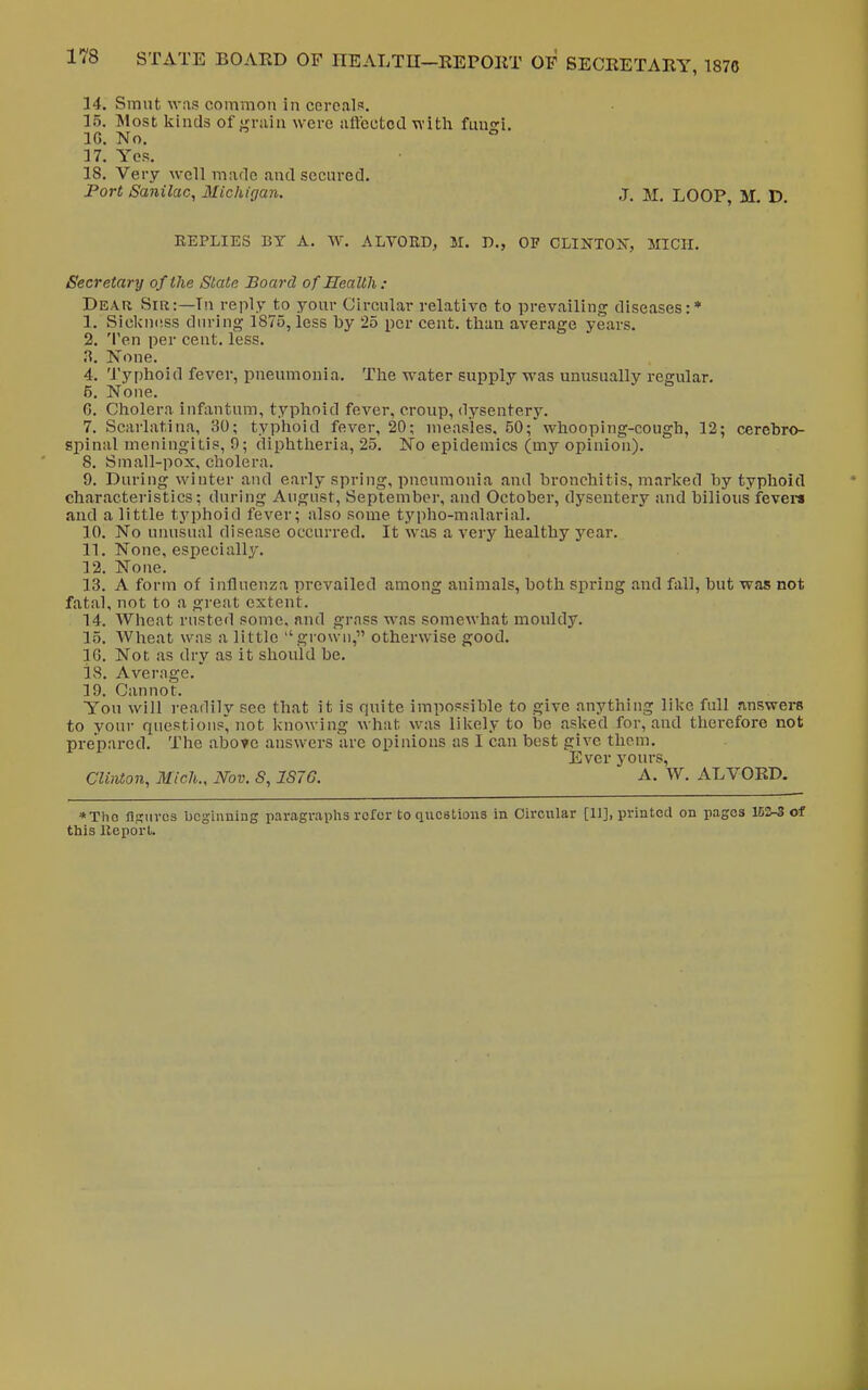 14. Smut was common in cercalf. 15. Most kinds of <a-iua were iittcotcd with fun^i. IG. No. 17. Yes. 18. Very well msifle sintl secured. Port Sanilac, Michigan. j. M, LOOP, M. D. EEPLIES BY A. W. ALVORD, M. J)., OF CLUTTOI?-, MICH. Secretary of the State Board of Health: Dear Sir:—Tn reply to your Circular relative to prevailing diseases:* 1. Sickn(!ss during 1875, less by 25 per cent, than average years. 2. 'i'en per cent. less. i\. None. 4. Typhoid fever, pneumonia. The water supply was unusually regular. 5. None. 6. Cholera infantum, typhoid fever, croup, dysentery. 7. Scarlatina, BO; typhoid fever, 20; measles, 50;'whooping-cough, 12; cerebro- spinal meningitis, 0; diphtlieria, 25. No epidemics (my opinion). 8. Small-pox, cholera. 9. During winter and early spring, pneumonia and bronchitis, marked by typhoid characteristics; during August, September, and October, dysentery and bilious fevem and a little typhoid fever; also some typho-malarial. 10. No unusual disease occurred. It was a very healthy year, n. None, especially. 12. None. 13. A form of influenza prevailed among animals, both spring and fall, but was not fatal, not to a great extent. 14. Wheat rusted some, and grass was somewhat mouldy. 15. Wheat was a little grown, otherwise good. IG. Not as dry as it should be. is. Average. 19. Cannot. You will readily see that it is quite impossible to give anything like full finswera to your questions, not knowing what was likely to be asked for, and therefore not prepared. The abotc answers ure opinions as I can best give them. Ever yours, Clinton, Mich., Mv. S, 1S76. A. W. ALVORD. *Tho flRurcs bcginuing paragraphs refer to ciucstions in Circular [11], printed on pages 153-3 of