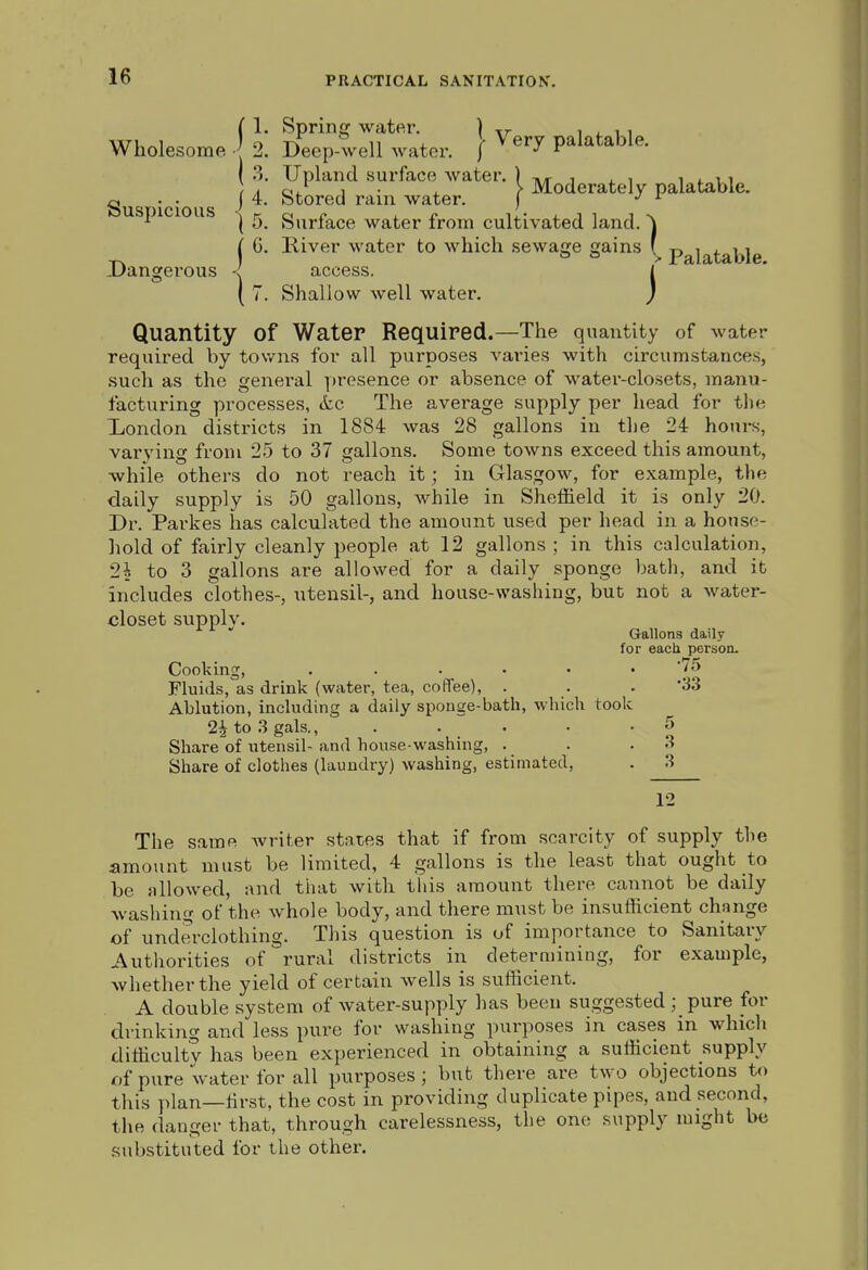 Susp ICIOUS ( 1. Sprinfj water. ) -r;- i < 11 Wholesome • 2. Deep-well water. \ ^^^^ palatable. I 3. Upland surface water. ) t.^ i . i i i. ui ; , (J*. 1 • i y Moderately palatable. ) 4. Stored ram water. ) '■ \ 5. Surface water from cultivated land. ( G. River water to which sewage gains Palatable X)angerous < access. ( 7. Shallow well water. ) Quantity of Water Required.—The quantity of water required by towns for all purposes varies with circumstances, such as the general y)resence or absence of water-closets, manu- facturing processes, &c The average supply per head for tlie Xiondon districts in 1884 was 28 gallons in the 24 hours, varying from 25 to 37 gallons. Some towns exceed this amount, while others do not reach it; in Glasgow, for example, the daily supply is 50 gallons, while in Sheffield it is only 20. Dr. Parkes has calculated the amount used per head in a house- hold of fairly cleanly people at 12 gallons ; in this calculation, 2i to 3 gallons are allowed for a daily sponge bath, and it includes clothes-, utensil-, and house-washing, but not a water- closet supply. '■^  Gallons daily for each person. Cooking, . . . • • * Fluids, as drink (water, tea, coffee), . . . 33 Ablution, induding a daily sponae-bath, which took 21 to 3 gals., . . . . .5 Share of utensil- and house-washing, . . .3 Share of clothes (laundry) washing, estimated, . 3 12 The same Avriter stares that if from scarcity of supply the amount must be limited, 4 gallons is the least that ought to be fillowed, and that with this amount there cannot be daily washing of the whole body, and there must be insufficient change of underclothing. This question is of importance to Sanitary Authorities of rural districts in determining, for example, whether the yield of certain wells is sufficient. A double system of water-supply has been suggested pure for drinking and less pure for washing purposes in cases in which difficulty has been experienced in obtaining a sufficient supply of pure water for all purposes; but there are two objections to this plan—iirst, the cost in providing duplicate pipes, and second, the danger that, through carelessness, the one supply might be substituted for the other.