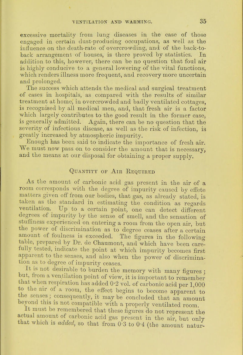 excessive mortality from lung diseases in the case of those engaged in certain dust-producing occupations, as well as the iniluence on the death-rate of overcrowding, and of the back-to- back arrangement of houses, is there proved by statistics. In addition to this, however, there can be no question that foul air is highly conducive to a general lowering of the vital functions, which renders illness more frequent, and recovery more uncertain and prolonged. The success which attends the medical and surgical treatment of cases in hospitals, as compared with the results of similar treatment at home, in overcrowded and badly ventilated cottages, is recognised by all medical men, and, that fresh air is a factor which largely contributes to the good result in the former case, is generally admitted. Again, there can be no question that the severity of infectious disease, as well as the risk of infection, is greatly increased by atmospheric impurity. Enough has been said to indicate the importance of fresh air. We must now pass on to consider the amount that is necessary, and the means at our disposal for obtaining a proper supply. Quantity op Air Required As the amount of carbonic acid gas present in the air of a room corresponds with the degree of impurity caused by effete matters given off from our bodies, that gas, as already stated, is taken as the standard in estimating the condition as regards ventilation. Up to a certain point, one can detect different degrees of impurity by the sense of smell, and the sensation of stuffiness experienced on entering a room from the open air, but the power of discrimination as to degree ceases after a certain amount of foulness is exceeded. The figures in the followino- table, prepared by Dr. de Ohaumont, and which have been care''- fully tested, indicate the point at which impurity becomes first apparent to the senses, and also when the power of discrimina- tion as to degree of impurity ceases. It IS not desirable to burden the memory with many figures ; but, from a ventilation point of view, it is important to remember that when respiration has added 0-2 vol. of carbonic acid per 1,000 to the air of a room, the effect begins to become apparent to the senses; consequently, it maybe concluded that an amount beyond this is not compatible with a properly ventilated room It must be remembered that these figures do not represent the actual amount of carbonic acid gas present in the air, but only that which IS added, so that from 0'3 to 0-4 (the amount natur-