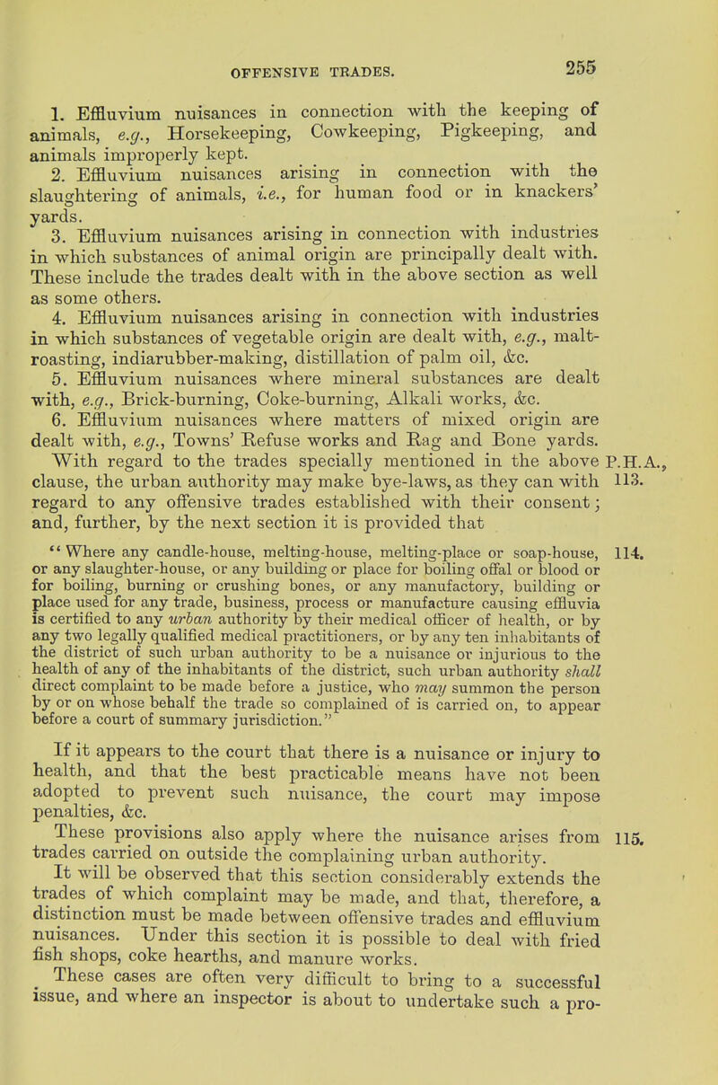 1. Effluvium nuisances in connection with the keeping of animals, e.g., Horsekeeping, Cowkeeping, Pigkeeping, and animals improperly kept. 2. Effluvium nuisances arising in connection with tho slaughtering of animals, i.e., for human food or in knackers' yards. 3. Effluvium nuisances arising in connection with industries in which substances of animal origin are principally dealt with. These include the trades dealt with in the above section as well as some others. 4. Effluvium nuisances arising in connection with industries in which substances of vegetable origin are dealt with, e.g., malt- roasting, indiarubber-making, distillation of palm oil, &c. 5. Effluvium nuisances where mineral substances are dealt with, e.g., Brick-burning, Coke-burning, Alkali works, &c. 6. Effluvium nuisances where matters of mixed origin are dealt with, e.g., Towns' Refuse works and E-ag and Bone yards. With regard to the trades specially mentioned in the above P.H.A., clause, the urban authority may make bye-laws, as they can with 113. regard to any offensive trades established with their consent; and, further, by the next section it is provided that Where any candle-house, melting-house, melting-place or soap-house, 114. or any slaughter-house, or any buildmg or place for boiling offal or blood or for boiling, burning or crushing bones, or any manufactory, building or place used for any trade, business, process or manufacture causing effluvia is certified to any urban authority by their medical officer of health, or by any two legally qualified medical practitioners, or by any ten inhabitants of the district of such urban authority to be a nuisance or injurious to the health of any of the inhabitants of the district, such urban authority shcdl direct complaint to be made before a justice, who may summon the person by or on whose behalf the trade so complained of is carried on, to appear before a court of summary jurisdiction. If it appears to the court that there is a nuisance or injury to health, and that the best practicable means have not been adopted to prevent such nuisance, the court may impose penalties, &c. These provisions also apply where the nuisance arises from 115. trades carried on outside the complaining urban authority. It will be observed that this section considerably extends the trades of which complaint may be made, and that, therefore, a distinction must be made between offensive trades and effluvium nuisances. Under this section it is possible to deal with fried fish shops, coke hearths, and manure works. These cases are often very difficult to bring to a successful issue, and where an inspector is about to undertake such a pro-