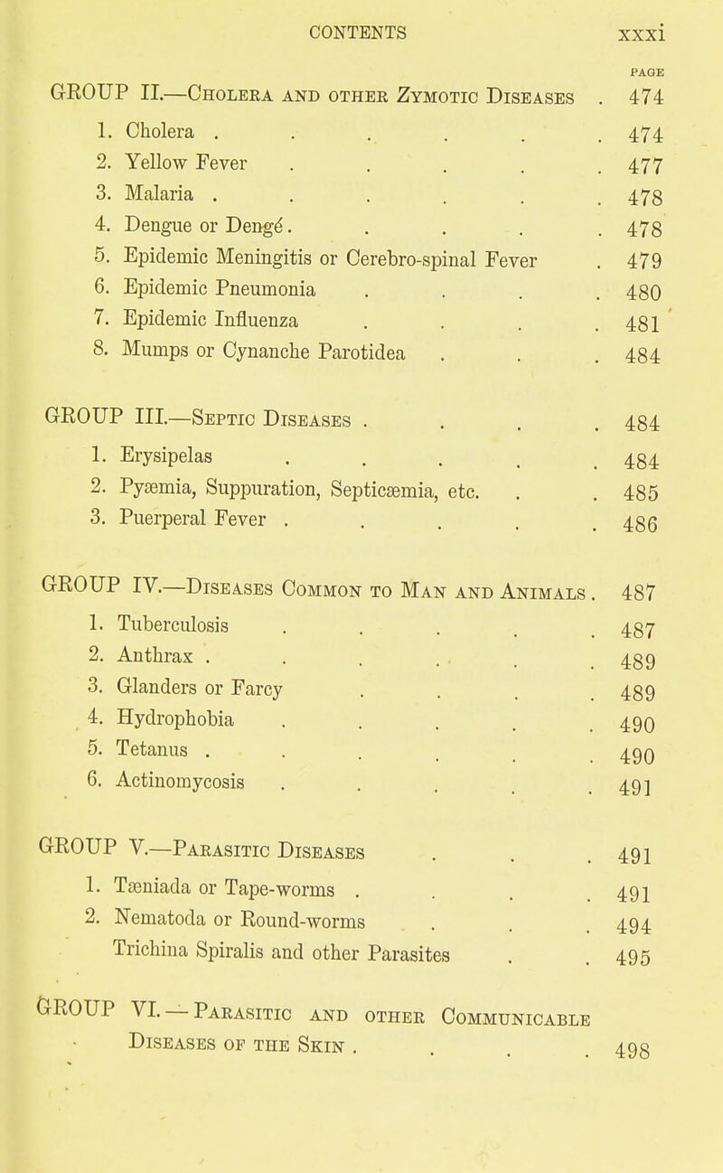 PAGE GKOUP II.—Cholera and othee Zymotic Diseases . 474 1. Cholera . . . . . . 474 2. Yellow Fever . . . . .477 3. Malaria ...... 478 4. Dengue or Dengs'..... 478 5. Epidemic Meningitis or Cerebro-spinal Fever . 479 6. Epidemic Pneumonia .... 480 7. Epidemic Influenza . . . .481 8. Mumps or Cynanche Parotidea . . .484 GKOUP III.—Septic Diseases .... 484 1. Erysipelas ..... 484 2. Pyaemia, Suppuration, Septicemia, etc. . . 485 3. Puerperal Fever ..... 486 GKOUP IV.—Diseases Common to Man and Animals . 487 1. Tuberculosis .... 487 2. Anthrax . . . . . 439 3. Glanders or Farcy . . . 489 4. Hydrophobia .... 490 5. Tetanus . . . . _ 49O 6. Actinomycosis ... 49] GROUP V.—Parasitic Diseases . . .491 1. Tseniada or Tape-worms . . . 49 \ 2. Nematoda or Round-worms . . 494 Trichina Spiralis and other Parasites . .495 GROUP VI. — Parasitic and other Communicable Diseases of the Skin .