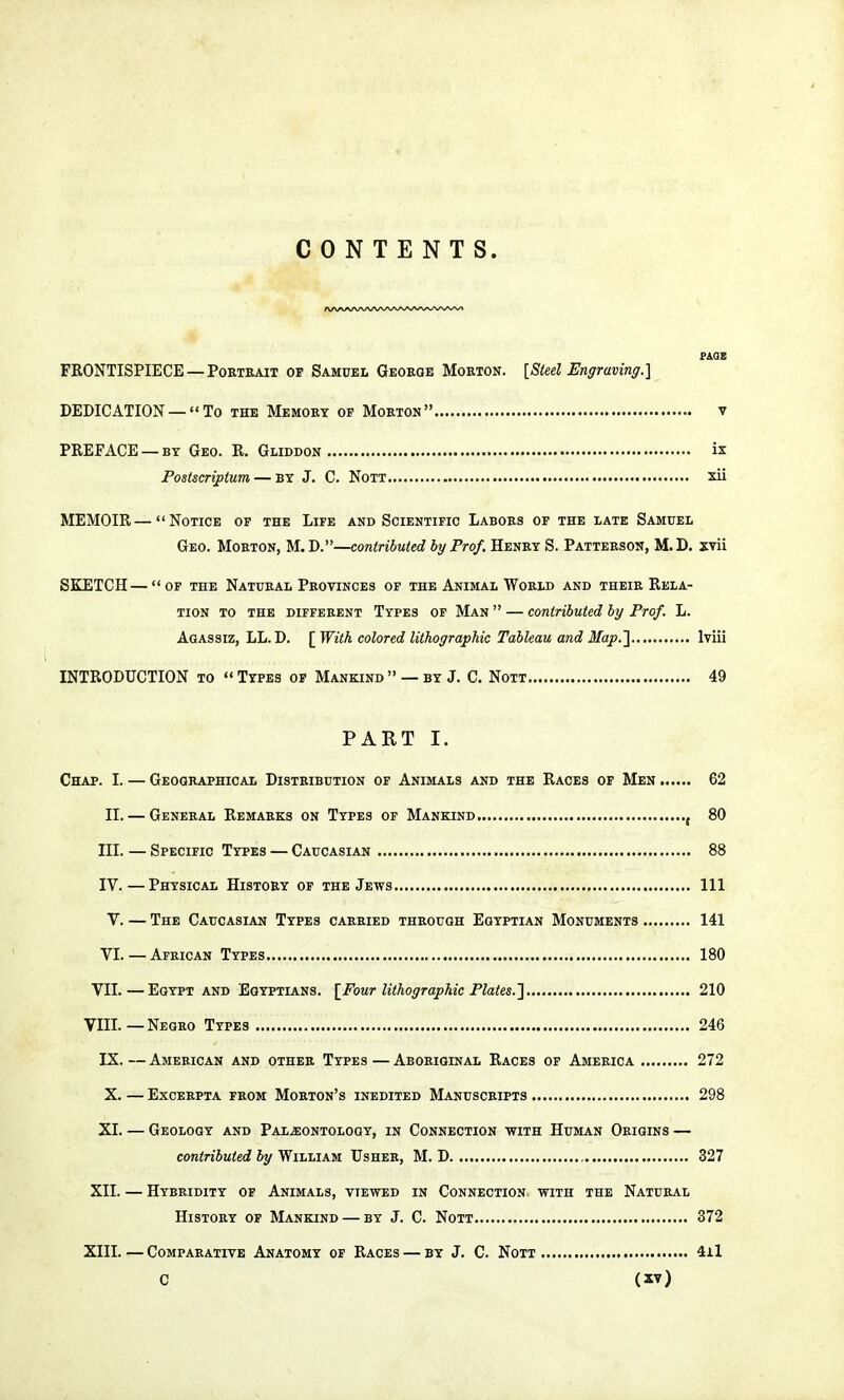 CONTENTS. /VVWVWVW1AAAAAA/WWI PAGE FRONTISPIECE — Portrait of Samuel George Morton. [Steel Engraving.] DEDICATION— To the Memory of Morton v PREFACE — by Geo. R. Gliddon ix Postscriptum — by J. C. Nott xii MEMOIR—Notice of the Life and Scientific Labors of the late Samuel Geo. Morton, M.D.—contributed by Prof. Henry S. Patterson, M.D. xvii SKETCH—of the Natural Provinces of the Animal World and their Rela- tion to the different Types of Man  — contributed by Prof. L. Agassiz, LL. D. [ With colored lithographic Tableau and Map.~\ lviii INTRODUCTION to Types of Mankind —by J. C. Nott 49 PART I. Chap. I. — Geographical Distribution of Animals and the Races of Men 62 II. — General Remarks on Types of Mankind , 80 III. — Specific Types — Caucasian 88 IV. —Physical History of the Jews Ill V. — The Caucasian Types carried through Egyptian Monuments 141 VI. —African Types 180 VII.—Egypt and Egyptians. [Four lithographic Plates.'] 210 VIII. — Negro Types 246 IX. — American and other Types — Aboriginal Races of America 272 X. — EXCERPTA FROM MORTON'S INEDITED MANUSCRIPTS 298 XI. — Geology and Paleontology, in Connection with Human Origins — contributed by William Usher, M. D 327 XII. — Hybridity of Animals, viewed in Connection with the Natural History of Mankind — by J. C. Nott 372 XIII.—Comparative Anatomy of Races — by J. C. Nott 4il
