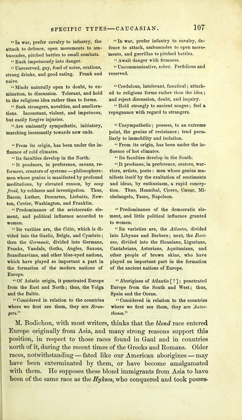  In war, prefer cavalry to infantry, the attack to defence, open movements to am- buscades, pitched battles to small combats.  Rush impetuously into danger.  Unreserved, gay, fond of noise, orations, strong drinks, and good eating. Frank and naive. Minds naturally open to doubt, to ex- mination, to discussion. Tolerant, and hold to the religious idea rather than to forms.  Seek strangers, novelties, and ameliora- tions. Inconstant, violent, and impetuous, but easily forgive injuries. Are eminently sympathetic, initiatory, marching incessantly towards new ends.  From its origin, has been under the in- fluence of cold climates.  Its faculties develop in the North. It produces, in preference, savans, re- formers, creators of systems — philosophers: men whose genius is manifested by profound meditations, by elevated reason, by sang froid, by coldness and investigation. Thus, Bacon, Luther, Descartes, Liebnitz, New- ton, Cuvier, Washington, and Franklin.  Predominance of the aristocratic ele- ment, and political influence accorded to women.  Its varities are, the Celtic, which is di- vided into the Gaelic, Belgic, and Cymbric; then the Germanic, divided into Germans, Franks, Vandals, Goths, Angles, Saxons, Scandinavians, and other blue-eyed nations, which have played so important a part in the formation of the modern nations of Europe.  Of Asiatic origin, it penetrated Europe from the East and North; thus, the Volga and the Baltic.  Considered in relation to the countries where we first see them, they are Stran- gers.  In war, prefer infantry to cavalry, de- fence to attack, ambuscades to open move- ments, and guerillas to pitched battles.  Await danger with firmness.  Uncommunicative, sober. Perfidious and reserved. Credulous, intolerant, fanatical; attach- ed to religious forms rather than the idea; and reject discussion, doubt, and inquiry.  Hold strongly to ancient usages ; feel a repugnance with regard to strangers.  Unsympathetic; possess, to an extreme point, the genius of resistance; tend pecu- liarly to immobility and isolation.  From its origin, has been under the in- fluence of hot climates.  Its faculties develop in the South.  It produces, in preference, orators, war- riors, artists, poets : men whose genius ma- nifests itself by the exaltation of sentiments and ideas, by enthusiasm, a rapid concep- tion. Thus, Hannibal, Cicero, Csesar, Mi- chelangelo, Tasso, Napoleon.  Predominance of the democratic ele- ment, and little political influence granted to women.  Its varieties are, the Atlantes, divided into Libyans and Berbers; next, the Iberi- ans, divided into the Sicanians, Ligurians, Cantabrians, Asturians, Aquitanians, and other people of brown skins, who have played an important part in the formation of the ancient nations of Europe.  Aborigines of Atlantis [?]; penetrated Europe from the South and West; thus, Spain and the Ocean.  Considered in relation to the countries where we first see them, they are Autoc- ihones. M. Bodichon, with most writers, thinks that the blond race entered Europe originally from Asia, and many strong reasons support this position, in respect to those races found in Gaul and in countries north of it, during the recent times of the Greeks and Romans. Older races, notwithstanding — fated like our American aborigines — may have been exterminated by them, or have become amalgamated with them. He supposes these blond immigrants from Asia to have been of the same race as the Hyksos, who conquered and took posses-