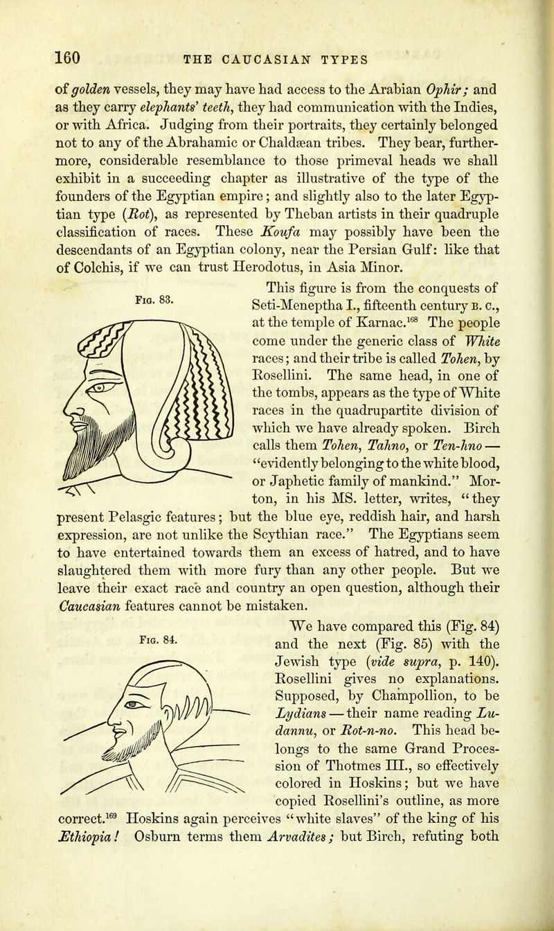 of golden vessels, they may have had access to the Arabian Ophir; and as they carry elephants' teeth, they had communication with the Indies, or with Africa. Judging from their portraits, they certainly belonged not to any of the Abrahamic or Chaldsean tribes. They bear, further- more, considerable resemblance to those primeval heads we shall exhibit in a succeeding chapter as illustrative of the type of the founders of the Egyptian empire; and slightly also to the later Egyp- tian type (Rot), as represented by Theban artists in their quadruple classification of races. These Koufa may possibly have been the descendants of an Egyptian colony, near the Persian Gulf: like that of Colchis, if we can trust Herodotus, in Asia Minor. This figure is from the conquests of Seti-Meneptha I., fifteenth century B. c, at the temple of Karnac.168 The people come under the generic class of White races; and their tribe is called Tohen, by Eosellini. The same head, in one of the tombs, appears as the type of White races in the quadrupartite division of which we have already spoken. Birch calls them Tohen, Tahno, or Ten-hno — ' 'evidently belonging to the white blood, or Japhetic family of mankind. Mor- ton, in his MS. letter, writes, they present Pelasgic features; but the blue eye, reddish hair, and harsh expression, are not unlike the Scythian race. The Egyptians seem to have entertained towards them an excess of hatred, and to have slaughtered them with more fury than any other people. But we leave their exact race and country an open question, although their Caucasian features cannot be mistaken. We have compared this (Eig. 84) and the next (Eig. 85) with the Jewish type (vide supra, p. 140). Rosellini gives no explanations. Supposed, by Chainpollion, to be Lydians — their name reading Lu- dannu, or Rot-n-no. This head be- longs to the same Grand Proces- sion of Thotmes m., so effectively colored in Hoskins; but we have copied Rosellini's outline, as more correct.169 Hoskins again perceives white slaves of the king of his Ethiopia I Osburn terms them Arvadites ; but Birch, refuting both