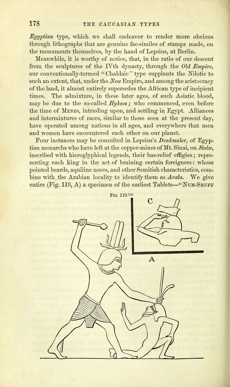 Egyptian type, which we shall endeavor to render more obvious through lithographs that are genuine fac-similes of stamps made, on the monuments themselves, by the hand of Lepsius, at Berlin. Meanwhile, it is worthy of notice, that, in the ratio of our descent from the sculptures of the IVth dynasty, through the Old Empire, our conventionally-termed  Cbaldaic  type supplants the Nilotic to such an extent, that, under the New Empire, and among the aristocracy of the land, it almost entirely supersedes the African type of incipient times. The admixture, in these later ages, of such Asiatic blood, may be due to the so-called Hyksos ; who commenced, even before the time of Menes, intruding upon, and settling in Egypt. Alliances and intermixtures of races, similar to those seen at the present day, have operated among nations in all ages, and everywhere that men and women have encountered each other on our planet. Four instances may be consulted in Lepsius's DenJcmaler, of Egyp- tian monarchs who have left at the copper-mines of Mt. Sinai, on Stelae, inscribed with hieroglyphical legends, their bas-relief effigies; repre- senting each king in the act of braining certain foreigners: whose pointed beards, aquiline noses, and other Semitish characteristics, com- bine with the Arabian locality to identify them as Arabs. We give entire (Eig. 119, A) a specimen of the earliest Tablets—Num-Shufu Fig. 119.215 c