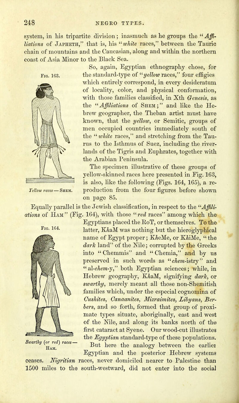 Fig. 1G3. system, in his tripartite division; inasmuch as he groups the Affi- liations of Japheth, that is, his white races, between the Tauric chain of mountains and the Caucasian, along and within the northern coast of Asia Minor to the Black Sea. So, again, Egyptian ethnography chose, for the standard-type of yellow races, four effigies which entirely correspond, in every desideratum of locality, color, and physical conformation, with those families classified, in Xth Genesis, as the Affiliations of Shem; and like the He- brew geographer, the Theban artist must have known, that the yellow, or Semitic, groups of men occupied countries immediately south of the white races, and stretching from the Tau- rus to the Isthmus of Suez, including the river- lands of the Tigris and Euphrates, together with the Arabian Peninsula. The specimen illustrative of these groups of yellow-skinned races here presented in Fig. 163, is also, like the following (Figs. 164, 165), a re- production from the four figures before shown on page 85. Equally parallel is the Jewish classification, in respect to the Affili- ations of Ham (Fig. 164), with those red races among which the Egyptians placed the RoT, or themselves. To the latter, K7*aM was nothing but the hieroglyphical name of Egypt proper; KAeMe, or KMMe,  the dark land of the Mle; corrupted by the Greeks into  Chemmis and  Chemia, and by us preserved in such words as cAm-istry and al-chem-j, both Egyptian sciences; while, in Hebrew geography, KAaM, signifying dark, or swarthy, merely meant all those non-Shemitish families which, under the especial cognomina of Cushites, Canaanites, Mizraimites, Libyans, Ber- bers, and so forth, formed that group of proxi- mate types situate, aboriginally, east and west of the Nile, and along its banks north of tho first cataract at Syene. Our wood-cut illustrates the Egyptian standard-type of these populations. Fellow races — Shem. Fig. 164. Swarthy (or red) races- Ham. But here the analogy between the earliei Egyptian and the posterior Hebrew systems ceases. Nigritian races, never domiciled nearer to Palestine than 1500 miles to the south-westward, did not enter into tbe social