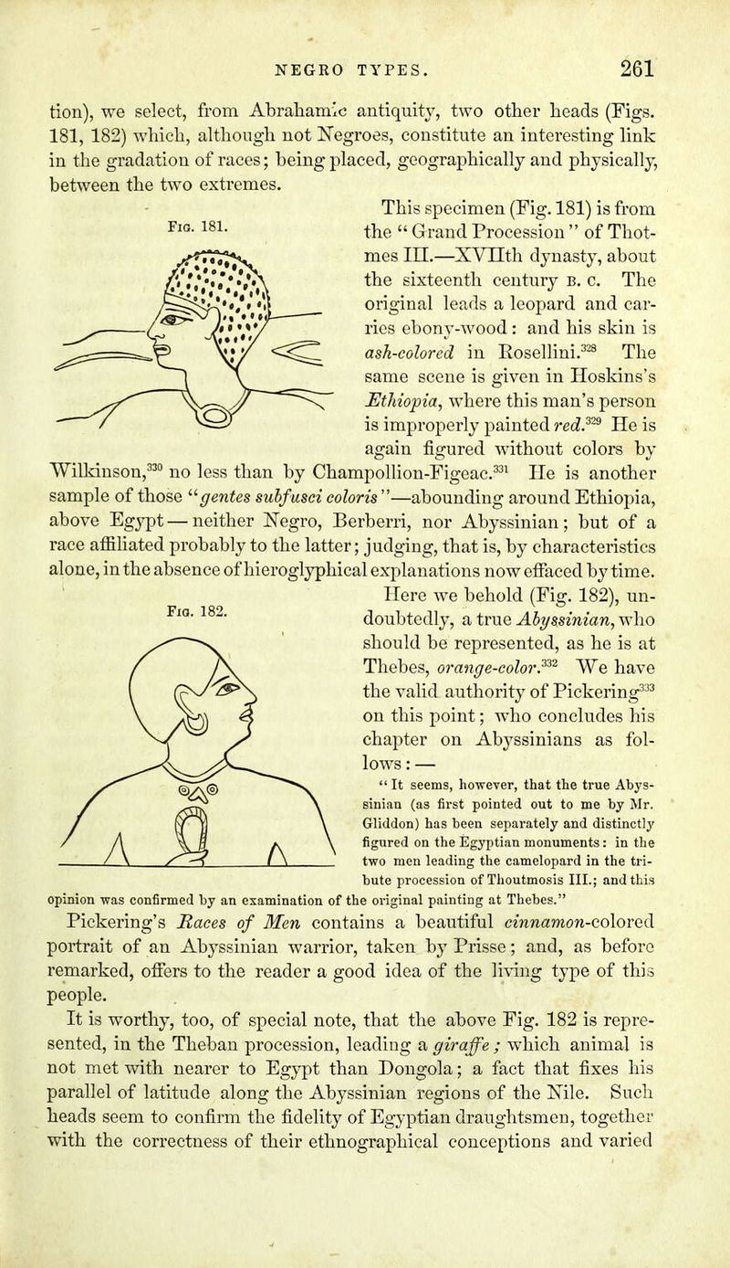 Fig. 181. Fio. 182. tion), we select, from Abrahamic antiquity, two other heads (Figs. 181, 182) which, although not Negroes, constitute an interesting link in the gradation of races; being placed, geographically and physically, between the two extremes. This specimen (Fig. 181) is from the  Grand Procession  of Thot- mes III.—XVIIth dynasty, about the sixteenth century b. c. The original leads a leopard and car- ries ebony-wood: and his skin is ash-colored in Rosellini.328 The same scene is given in Hoskins's Ethiopia, where this man's person is improperly painted recZ.329 He is again figured without colors by Wilkinson,330 no less than by Champollion-Figeac.331 He is another sample of those ugentes subfusci coloris—abounding around Ethiopia, above Egypt — neither Negro, Berberri, nor Abyssinian; but of a race affiliated probably to the latter; judging, that is, by characteristics alone, in the absence of hieroglyphical explanations now effaced by time. Here we behold (Fig. 182), un- doubtedly, a true Abyssinian, who should be represented, as he is at Thebes, orange-color.3*2 We have the valid authority of Pickering333 on this point; who concludes his chapter on Abyssinians as fol- lows : —  It seems, however, that the true Abys- sinian (as first pointed out to me by Mr. Gliddon) has been separately and distinctly figured on the Egyptian monuments: in the two men leading the camelopard in the tri- bute procession of Thoutmosis III.; and this opinion was confirmed by an examination of the original painting at Thebes. Pickering's Races of Men contains a beautiful cinnamon-colored portrait of an Abyssinian warrior, taken by Prisse; and, as before remarked, offers to the reader a good idea of the living type of this people. It is worthy, too, of special note, that the above Fig. 182 is repre- sented, in the Theban procession, leading a giraffe ; which animal is not met with nearer to Egypt than Dongola; a fact that fixes his parallel of latitude along the Abyssinian regions of the Nile. Such heads seem to confirm the fidelity of Egyptian draughtsmen, together with the correctness of their ethnographical conceptions and varied