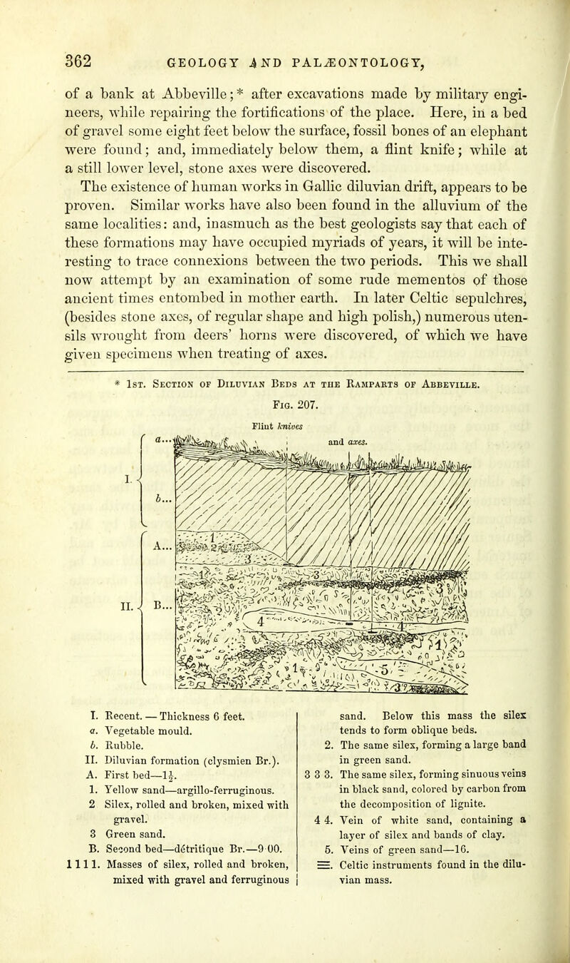 of a bank at Abbeville; * after excavations made by military engi- neers, while repairing the fortifications of the place. Here, in a bed of gravel some eight feet below the surface, fossil bones of an elephant were found; and, immediately below them, a flint knife; while at a still lower level, stone axes were discovered. The existence of human works in Gallic diluvian drift, appears to be proven. Similar works have also been found in the alluvium of the same localities: and, inasmuch as the best geologists say that each of these formations may have occupied myriads of years, it will be inte- resting to trace connexions between the two periods. This we sball now attempt by an examination of some rude mementos of those ancient times entombed in mother earth. In later Celtic sepulchres, (besides stone axes, of regular shape and high polish,) numerous uten- sils wrought from deers' horns were discovered, of which we have given specimens when treating of axes. * 1st. Section of Diluvian Beds at the Ramparts of Abbeville. Fig. 207. Fliut knioes I. Recent. — Thickness 6 feet. sand. Below this mass the silex a. Vegetable mould. tends to form oblique beds. b. Rubble. 2. The same silex, forming a large band II. Diluvian formation (clysmien Br.). in green sand. A. First bed—1.}. 3 3 3. The same silex, forming sinuous veins 1. Yellow sand—argillo-ferruginous. in black sand, colored by carbon from 2 Silex, rolled and broken, mixed with the decomposition of lignite. gravel. 4 4. Vein of white sand, containing a 3 Green sand. layer of silex and bands of clay. B. Second bed—detritique Br.—9 00. 5. Veins of green sand—16. 1111. Masses of silex, rolled and broken, Celtic instruments found in the dilu- mixed with gravel and ferruginous vian mass.