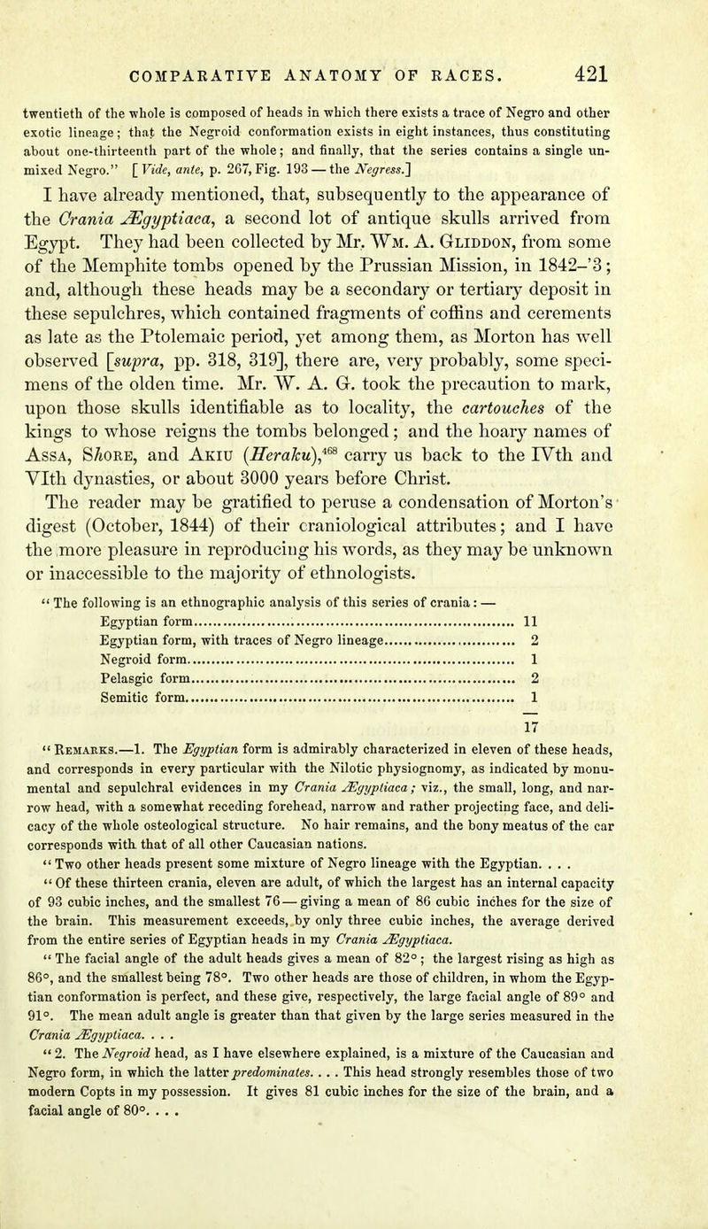 twentieth of the whole is composed of heads in which there exists a trace of Negro and other exotic lineage; that the Negroid conformation exists in eight instances, thus constituting about one-thirteenth part of the whole; and finally, that the series contains a single un- mixed Negro. [Vide, ante, p. 267, Fig. 193 — the Negress.'] I have already mentioned, that, subsequently to the appearance of the Crania JEgyptiaca, a second lot of antique skulls arrived from Egypt. They had been collected by Mr, Wm. A. Gliddon, from some of the Memphite tombs opened by the Prussian Mission, in 1842-3; and, although these heads may be a secondary or tertiary deposit in these sepulchres, which contained fragments of coffins and cerements as late as the Ptolemaic period, yet among them, as Morton has well observed [supra, pp. 318, 319], there are, very probably, some speci- mens of the olden time. Mr. ~W. A. G. took the precaution to mark, upon those skulls identifiable as to locality, the cartouches of the kings to whose reigns the tombs belonged; and the hoary names of Assa, SAore, and Akiu [Heraku),im carry us back to the rVth and Vlth dynasties, or about 3000 years before Christ. The reader may be gratified to peruse a condensation of Morton's digest (October, 1844) of their craniological attributes; and I have the more pleasure in reproducing his words, as they may be unknown or inaccessible to the majority of ethnologists.  The following is an ethnographic analysis of this series of crania: — Egyptian form 11 Egyptian form, with traces of Negro lineage 2 Negroid form 1 Pelasgic form 2 Semitic form 1 17  Remarks.—1. The Egyptian form is admirably characterized in eleven of these heads, and corresponds in every particular with the Nilotic physiognomy, as indicated by monu- mental and sepulchral evidences in my Crania JEgyptiaca ; viz., the small, long, and nar- row head, with a somewhat receding forehead, narrow and rather projecting face, and deli- cacy of the whole osteological structure. No hair remains, and the bony meatus of the car corresponds with that of all other Caucasian nations.  Two other heads present some mixture of Negro lineage with the Egyptian. . . .  Of these thirteen crania, eleven are adult, of which the largest has an internal capacity of 93 cubic inches, and the smallest 76 — giving a mean of 86 cubic inches for the size of the brain. This measurement exceeds, by only three cubic inches, the average derived from the entire series of Egyptian heads in my Crania JEgyptiaca.  The facial angle of the adult heads gives a mean of 82° ; the largest rising as high as 86°, and the smallest being 78°. Two other heads are those of children, in whom the Egyp- tian conformation is perfect, and these give, respectively, the large facial angle of 89° and 91°. The mean adult angle is greater than that given by the large series measured in the Crania jEgypliaca. . . .  2. The Negroid head, as I have elsewhere explained, is a mixture of the Caucasian and Negro form, in which the latter predominates. . . . This head strongly resembles those of two modern Copts in my possession. It gives 81 cubic inches for the size of the brain, and a facial angle of 80°. . . .