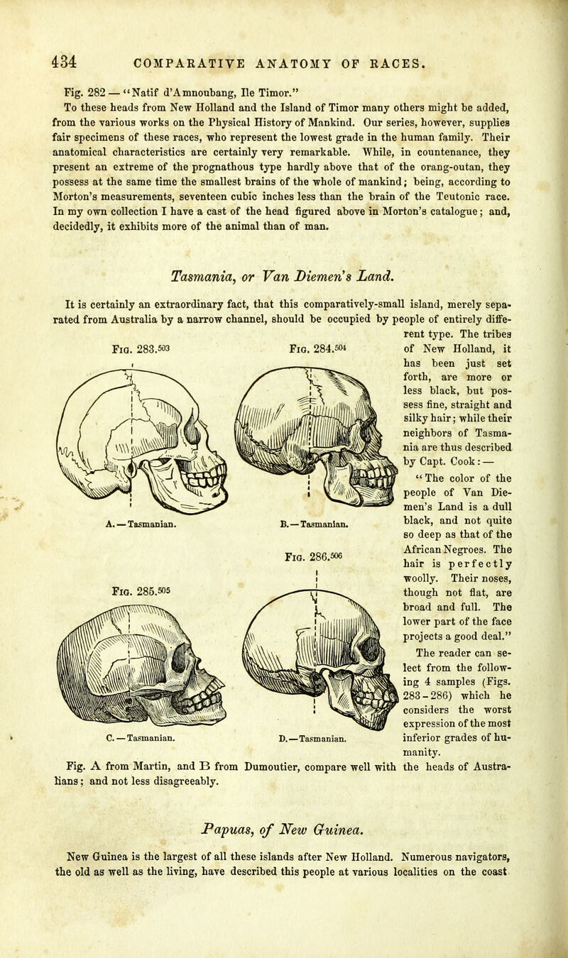 Fig. 282 —Natif d'Amnoubang, He Timor. To these heads from New Holland and the Island of Timor many others might be added, from the various works on the Physical History of Mankind. Our series, however, supplies fair specimens of these races, who represent the lowest grade in the human family. Their anatomical characteristics are certainly very remarkable. While, in countenance, they present an extreme of the prognathous type hardly above that of the orang-outan, they possess at the same time the smallest brains of the whole of mankind; being, according to Morton's measurements, seventeen cubic inches less than the brain of the Teutonic race. In my own collection I have a cast of the head figured above in Morton's catalogue; and, decidedly, it exhibits more of the animal than of man. Tasmania, or Van Diemen's Land. It is certainly an extraordinary fact, that this comparatively-small island, merely sepa- rated from Australia by a narrow channel, should be occupied by people of entirely diffe- rent type. The tribes Fio. 283.M3 Fig. 284.504 of New Holland, it has been just set forth, are more or less black, but pos- sess fine, straight and silky hair; while their neighbors of Tasma- nia are thus described by Capt. Cook: —  The color of the people of Van Die- men's Land is a dull black, and not quite so deep as that of the African Negroes. The hair is perfectly woolly. Their noses, though not flat, are broad and full. The lower part of the face projects a good deal. The reader can se- lect from the follow- ing 4 samples (Figs. 283-286) which he considers the worst expression of the most inferior grades of hu- manity. Fig. A from Martin, and B from Dumoutier, compare well with the heads of Austra- lians ; and not less disagreeably. A. — Tasmania!!. 285.505 B.—Tasmania!!. Fio. 286.506 Tasmanian. Papuas, of New Guinea. New Guinea is the largest of all these islands after New Holland. Numerous navigators, the old as well as the living, have described this people at various localities on the coast