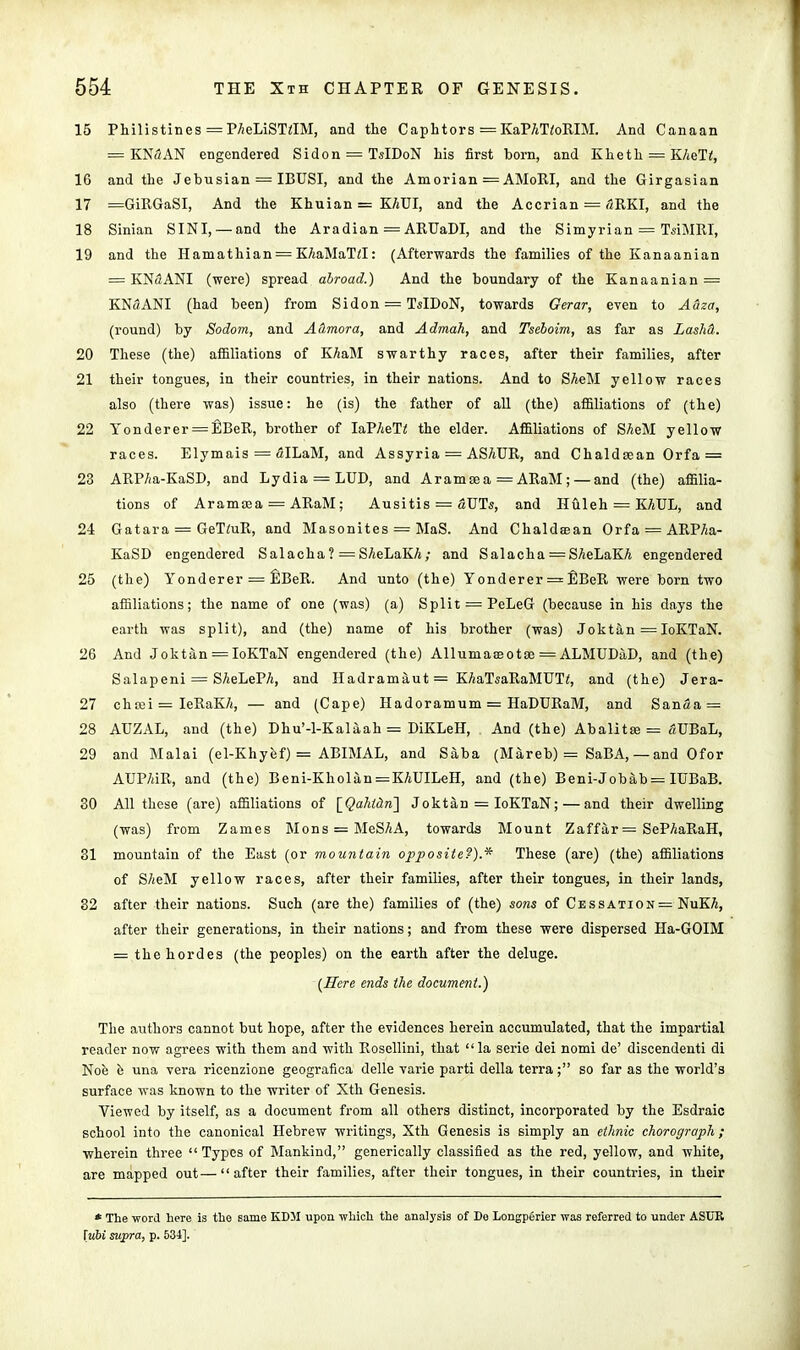 15 Philistines = PAeLiSMM, and the Caphtors = KaPATtoRIM. And Canaan = KN3AN engendered Sidon = TsIDoN his first born, and Kheth = KAeT<, 16 and the Jebusian = IBUSI, and the Amorian = AMoEI, and the Girgasian 17 =GiRGaSI, And the Khuian = KAUI, and the Accrian = flRKl, and the 18 Sinian SINI, — and the Aradian = ARTJaDI, and the Simyrian = TsiMRI, 19 and the Hamathian = KAaMaT<I: (Afterwards the families of the Kanaanian = KNdANI (were) spread abroad.) And the boundary of the Kanaanian = KNdANI (had been) from Sidon = TsIDoN, towards Gerar, even to Aaza, (round) by Sodom, and Admora, and Admah, and Tseboim, as far as LasM. 20 These (the) affiliations of KAaM swarthy races, after their families, after 21 their tongues, in their countries, in their nations. And to SAeM yellow races also (there was) issue: he (is) the father of all (the) affiliations of (the) 22 Yonderer = EBeR, brother of IaPAeT< the elder. Afiiliations of SAeM yellow races. Elymais = dILaM, and Assyria = ASAUR, and Chaldsean Orfa = 23 ARPAa-KaSD, and Lydia = LUD, and Aramsea = ARaM; — and (the) affilia- tions of Aramaaa = ARaM; Ausitis = dUTs, and Huleh = KAUL, and 24 Gatara = GeTmR, and Masonites = MaS. And Chaldsean Orfa = ARPAa- KaSD engendered Salacha? = SAeLaKA; and Salacha = SAeLaKA engendered 25 (the) Yonderer = fiBeR. And unto (the) Yonderer = EBeR were born two affiliations; the name of one (was) (a) Split = PeLeG (because in his days the earth was split), and (the) name of his brother (was) Joktan = IoKTaN. 26 And Joktan = IoKTaN engendered (the) Allumaseota; = ALMUDaD, and (the) Salapeni = SAeLePA, and Hadramaut = KAaTsaRaMUT^, and (the) Jera- 27 chcei = IeRaKA, — and (Cape) Hadoramum = HaDURaM, and Sanda = 28 AUZAL, and (the) Dhu'-l-Kalaah = DiKLeH, And (the) Abalitse = «UBaL, 29 and Malai (el-Khyef) == ABIMAL, and Saba (Mareb) = SaBA, — and Ofor AUPAiR, and (the) Beni-Kholan =KAUILeH, and (the) Beni-Jobab= IUBaB. 30 All these (are) affiliations of [Qahtd.n\ Joktan = IoKTaN;—and their dwelling (was) from Zames Mons = MeSAA, towards Mount Zaffar = SePAaRaH, 31 mountain of the East (or mountain opposite?).* These (are) (the) affiliations of SAeM yellow races, after their families, after their tongues, in their lands, 32 after their nations. Such (are the) families of (the) sows of Cessation= NuKA, after their generations, in their nations; and from these were dispersed Ha-GOIM = the hordes (the peoples) on the earth after the deluge. [Here ends the document.) The authors cannot but hope, after the evidences herein accumulated, that the impartial reader now agrees with them and with Rosellini, that la serie dei nomi de' discendenti di Noe e una vera ricenzione geografica delle varie parti della terra; so far as the world's surface was known to the writer of Xth Genesis. Viewed by itself, as a document from all others distinct, incorporated by the Esdraic school into the canonical Hebrew writings, Xth Genesis is simply an ethnic chorograph ; wherein three  Types of Mankind, generically classified as the red, yellow, and white, are mapped out—after their families, after their tongues, in their countries, in their * The word here is the same KD31 upon which the analysis of De LongpSrier was referred to under ASUR [ubi supra, p. 534].