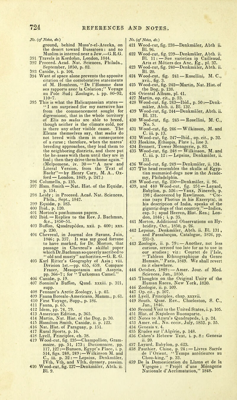 No. (of Notes, <fc.) ground, behind Muss'r-el-Ateeka, on the desert toward Bussateen: and no Muslim is interred near a Jew.—G.R.G. 391 Travels in Kordofan, London, 1844. 392 Proceed. Acad. Nat. Sciences, Philada., September, 1850, p. 82. 393 Canidas, i. p. 104. 394 Want of space alone prevents the apposite citation of the corroborative statements of M. Hombron,  De l'Homme dans ses rapports avec la Creation; Voyage au Pole Sud; Zoologie, i. pp. 80-92, 110-7. 395 This is what the Halicarjiassian states — I am surprised (for my narrative has from the commencement sought for digressions), that in the whole territory of Elis no mules are able to breed, though neither is the climate cold, nor is there any other visible cause. The Eleans themselves say, that mules do not breed with them in consequence of a curse ; therefore, when the mares' breeding approaches, they lead them to the neighboring districts, and there put the he-asses with them until they are in foal; then they drive them home again. (Melpomene, iv. 30—A new and Literal Version, from the Text of Baehr—by Henry Cary, M. A., Ox- ford—London, 1849, p. 247.) 396 Columella, p. 135. 397 Ham. Smith —Nat. Hist, of the Equida?, p. 154. 398 Leidy ; in Proceed. Acad. Nat. Sciences, Phila., Sept., 1847. 399 Equidse, p. 183. 400 Ibid., p. 120. 401 Morton's posthumous papers. 402 Ibid. — Replies to the Rev. J. Bachman, &c, 1850-51. 403 Buffon, Quadrupedes, xxii. p. 400; xxx. p. 230. 404 Chevreul, in Journal des Savans, Juin, 1846; p. 357. It was my good fortune to have marked, for Dr. Morton, that passage in Chevreul's skilful paper which Dr.Bachman so queerly ascribed to  old and musty authorities.—G. R. G. 405 Karl Ritter's Geography of Asia ; viii. Division 1st.—pp. 655, 659. Compare Frazer, Mesopotamia and Assyria, pp. 366-7 ; for  Turkoman Camel. 406 Canidae, p. 19. 407 Sonnini's Buffon, Quad, xxxiii. p. 321, supp. 408 Pennant's Arctic Zoology, i. p. 42. 409 Fauna Boreale-Americana, Mamm., p. 61. 410 First Voyage, Supp., p. 186. 411 Fauna, p. 65. 412 Idem, pp. 74, 79. 413 American Edition, p. 365. 414 Martin, Nat. Hist, of the Dog, p. 30. 415 Hamilton Smith, Canidae, ii. p. 123. 416 Nat. Hist, of Paraguay, p. 151. 417 Rural Sports, p. 16. 418 Lyell, Principles, ch. 38. 419 Wood-cut, fig. 235—Champollio'n, Gram- maire, pp. 51, 173 ; Dictionnaire, pp. 117, 127:—Bunsen, Egypt's Place, i. p. 514, figs. 248, 249:—Wilkinson M. and C, iii. p. 32: — Lepsius, Denkmaler, IVth, Vth, and Vlth, dynasty, passim. 420 Wood-cut, fig. 237—Denkmaler, Abth. ii. Bl. 9. No. (of Notes, <&.) 421 Wood-cut, fig. 238—Denkmaler, Abth ii. Bl. 96. 422 Wood-cut, fig. 239—Denkmaler, Abth. ii. Bl. 11: — See varieties in Cailleaud, Arts et Metiers des Anc, Eg., pi. 37. 423 Wood-cut, fig. 240—Denkmaler, Abth. ii. Bl. 20. 424 Wood-cut, fig. 241 —Rosellini, M. C, xvii., fig. 3. 425 Wood-cut, fig. 242—Martin, Nat. Hist, of the Dog, p. 138. 426 Oriental Album, pi. 41. 427 Martin, op. cit., p. 53. 428 Wood-cut, fig. 243—Ibid., p. 50:—Denk- maler, Abth. ii. Bl. 132. 439 Wood-cut, fig. 244—Denkmaler, Abth. ii. Bl. 131. 430 Wood-cut, fig. 245 —Rosellini, M. C, No. 5. 431 Wood-cut, fig. 246— Wilkinson, M. and C. iii. p. 13. 432 Wood-cut, fig. 247—Ibid., op. cit., p. 32. 433 Hoskins, Ethiopia, Plate i., line 3. 434 Bennett, Tower Menagerie, p. 83. 435 Wood-cut, fig. 248 —Wilkinson, M. and C. iii. p. 12: — Lepsius, Denkmaler, ii. 131. 436 Wood-cut, fig. 249 —Denkmaler, ii. 134. 437 The head resembles the skulls of Egyp- tian mummied-dogs now in the Acade- my, Philadelphia. 438 Wood-cut, fig. 250—Denkmaler, ii. 96. 439, and 440 Wood-cut, fig. 251 Layard, Babylon, p. 526:—Vaux, Nineveh, p. 198 ; discovered by Rawlinson. Cte- sias (says Photius in his Excerpta), in his description of India, speaks of the gigantic dogs of that country.-^Indica, cap. 5 ; apud Heeren, Hist. Res.; Lon- don, 1846 ; i. p. 35. 441 Morton, Additional Observations on Hy- bridity, Oct., 1850, p. 26. 442 Lepsius, Denkmaler, Abth. ii. Bl. 131 , and Passalacqua, Catalogue, 1826, pp. 231-3. 443 Zoologie, ii. p. 79: — Another, not less curious, arrived too late for us to use in our studies; viz: Courtet de 1'Isle,  Tableau Ethnographique du Genre Humain, Paris, 1849. We shall revert to it elsewhere. 444 October, 1849: —Amer. Jour, of Med. Sciences, Jan., 1850. 445 Thoughts on the Original Unity of the Human Races, New York, 1830. 446 Zoologie, ii. p. 109. 447 Op. cit., p. 107. 448 Lyell, Principles, chap, xxxvii. 449 South. Quar. Rev., Charleston, S. C, Jan., 1846. 450 Second Visit to the United States, i. p. 105. 451 Hist, of Napoleon Buonaparte. 452 Notes to Azara's Quadrupeds, i. p. 24. 453 Amer. ed., No. ccciv, July, 1853. p. 55. 454 Genesis v. 4. 455 6tudes sur I'Algerie, p. 148. 456 Cahen's Hebrew Text, i. p. 8 : Genesis ii. 20. 457 Layard, Babylon, p. 623. 458 Pauthier, Chine, p. 24 : — Livres Sacres de 1'Orient, Temps anterieures au Chou-king, p. 33. 459 De la Domestication du Llama et de la Vigogne ;  Projet d'une Menagerie Nationale d' Acclimatation, 1848.