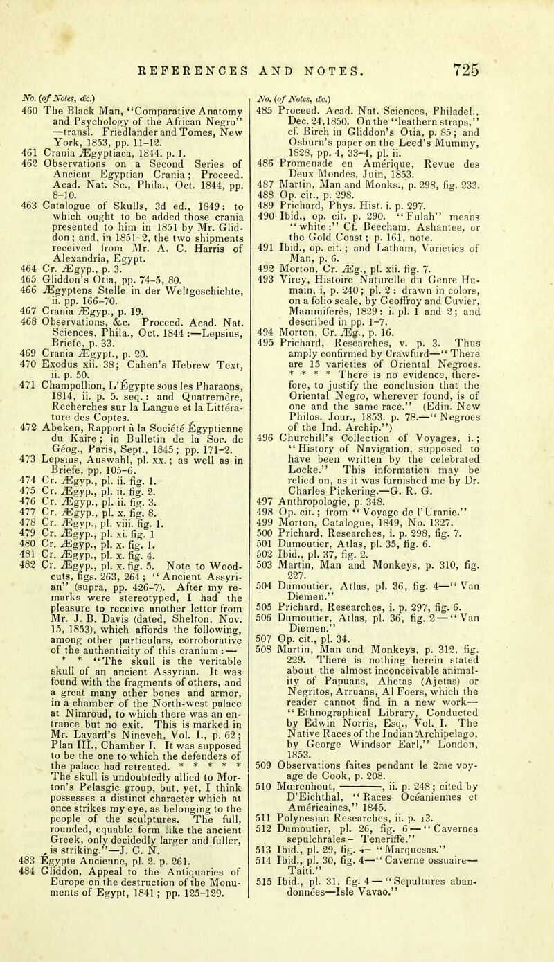 No. (of Notes, <&.) 460 The Black Man, Comparative Anatomy and Psychology of the African Negro —transl. Friedlander and Tomes, New York, 1853, pp. 11-12. 461 Crania iEgyptiaca, 1844. p. 1. 462 Observations on a Second Series of Ancient Egyptian Crania; Proceed. Acad. Nat. Sc., Phila., Oct. 1844, pp. 8-10. 463 Catalogue of Skulls, 3d ed., 1819: to which ought to be added those crania presented to him in 1851 by Mr. Glid- don; and, in 1851-2, the two shipments received from Mr. A. C. Harris of Alexandria, Egypt. 464 Cr. .(Egyp., p. 3. 465 Gliddon's Otia, pp. 74-5, 80. 466 jEgyptens Stelle in der Weltgeschichte, ii. pp. 166-70. 467 Crania jEgyp., p. 19. 468 Observations, &c. Proceed. Acad. Nat. Sciences, Phila., Oct. 1844 :—Lepsius, Briefe, p. 33. 469 Crania jEgypt., p. 20. 470 Exodus xii. 38; Cahen's Hebrew Text, ii. p. 50. 471 Champollion, L'figypte sous les Pharaons, 1814, ii. p. 5. seq. : and Quatremere, Recherches sur la Langue et la Littera- ture des Coptes. 472 Abeken, Rapport a la Societe fiigyptienne du Kaire; in Bulletin de la Soc. de Geog., Paris, Sept., 1845 ; pp. 171-2. 473 Lepsius, Auswahl, pi. xx.; as well as in Briefe, pp. 105-6. 474 Cr. Mgyp., pi. ii. fig. 1. 475 Cr. jEgyp., pi. ii. fig. 2. 476 Cr. J£gyp., pi. ii. fio-. 3. 477 Cr. JEgyp., pi. x. fig. 8. 478 Cr. jEgyp., pi. viii. fig. 1. 479 Cr. ^gyp., pi. xi. fig. 1 480 Cr. iEgyp., pi. x. fig. 1. 481 Cr. iEgyp., pi. x. fig. 4. 482 Cr. jEgyp., pi. x. fig. 5. Note to Wood- cuts, figs. 263, 264;  Ancient Assyri- an (supra, pp. 426-7). After my re- marks were stereotyped, I had the pleasure to receive another letter from Mr. J. B. Davis (dated, Shelton, Nov. 15, 1853), which affords the following, among other particulars, corroborative of the authenticity of this cranium: — * * The skull is the veritable skull of an ancient Assyrian. It was found with the fragments of others, and a great many other bones and armor, in a chamber of the North-west palace at Nimroud, to which there was an en- trance but no exit. This is marked in Mr. Layard's Nineveh, Vol. I., p. 62; Plan III., Chamber I. It was supposed to be the one to which the defenders of the palace had retreated. ***** The skull is undoubtedly allied to Mor- ton's Pelasgic group, but, yet, I think possesses a distinct character which at once strikes my eye, as belonging to the people of the sculptures. The full, rounded, equable form .ike the ancient Greek, only decidedly larger and fuller, is striking.—J. C. N. 483 Egypte Ancienne, pi. 2. p. 261. 484 Gliddon, Appeal to the Antiquaries of Europe on the destruction of the Monu- ments of Egypt, 1841; pp. 125-129. No. (of Notes, die.) 485 Proceed. Acad. Nat. Sciences, Philadel., Dec.24,1850. Onthe leathernstraps, cf. Birch in Gliddon's Otia, p. 85; and Osburn's paper on the Leed's Mummy, 1828, pp. 4, 33-4, pi. ii. 486 Promenade en Amerique, Revue des Deux Mondes, Juin, 1853. 487 Martin, Man and Monks., p. 298, fig. 233. 488 Op. cit., p. 298. 489 Prichard, Phys. Hist. i. p. 297. 490 Ibid., op. cit. p. 290.  Fulah means white: Cf. Beecham, Ashantee, or the Gold Coast; p. 161, note. 491 Ibid., op. cit.; and Latham, Varieties of Man, p. 6. 492 Morton, Cr. Mg., pi. xii. fig. 7. 493 Virey, Histoire Naturelle du Genre Hu- main, i, p. 240; pi. 2 : drawn in colors, on a folio scale, by Geoffrey and Cuvier, Mammiferes, 1829: i. pi. 1 and 2; and described in pp. 1-7. 494 Morton, Cr. 7Eg., p. 16. 495 Prichard, Researches, v. p. 3. Thus amply confirmed by Crawfurd— There are 15 varieties of Oriental Negroes. * * * * There is no evidence, there- fore, to justify the conclusion that the Oriental Negro, wherever found, is of one and the same race. (Edin. New Philos. Jour., 1853. p. 78.— Negroes of the Ind. Archip.) 496 Churchill's Collection of Voyages, i.; History of Navigation, supposed to have been written by the celebrated Locke. This information may be relied on, as it was furnished me by Dr. Charles Pickering.—G. R. G. 497 Anthropologic, p. 348. 498 Op. cit.; from  Voyage de l'Uranie. 499 Morton, Catalogue, 1849, No. 1327. 500 Prichard, Researches, i. p. 298, fig. 7. 501 Dumoutier, Atlas, pi. 35, fig. 6. 502 Ibid., pi. 37, fig. 2. 503 Martin, Man and Monkeys, p. 310, fig. 227. 504 Dumoutier, Atlas, pi. 36, fig. 4— Van Diemen. 505 Prichard, Researches, i. p. 297, fig. 6. 506 Dumoutier, Atlas, pi. 36, fig. 2 —Van Diemen. 507 Op. cit., pi. 34. 508 Martin, Man and Monkeys, p. 312, fig. 229. There is nothing herein stated about the almost inconceivable animal- ity of Papuans, Ahetas (Ajetas) or Negritos, Arruans, Al Foers, which the reader cannot find in a new work—  Ethnographical Library, Conducted by Edwin Norris, Esq., Vol. I. The Native Races of the Indian Archipelago, by George Windsor Earl, London, 1853. 509 Observations faites pendant le 2me voy- age de Cook, p. 208. 510 Mogrenhout, , ii. p. 248; cited by D'Eichthal, Races Oceaniennes et Americaines, 1845. 511 Polynesian Researches, ii. p. i3. 512 Dumoutier, pi. 26, fig. 6— Caverne3 sepulchrales - TenerifTe. 513 Ibid., pi. 29, fig. 4- Marquesas. 514 Ibid., pi. 30, fig. 4— Caverne ossuaire— Taiti. 515 Ibid., pi. 31. fig. 4—Sepultures aban- donnees—Isle Vavao.