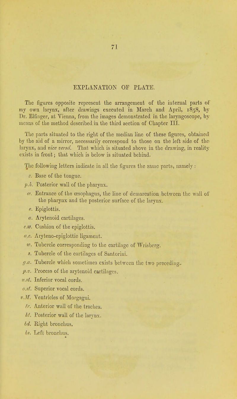 EXPLANATION 0! PLATE. The figures opposite represent the arrangement of the internal parts of ray own larynx, after drawings executed in March and April, 1858, by Dr. Elfinger, at Vienna, from the images demonstrated in the laryngoscope, by means of the method described in the third section of Chapter III. The parts situated to the right of the median line of these figures, obtained by the aid of a mirror, necessarily correspond to those on the left side of the- larynx, and vice versa. That which is situated above in the drawing, in reality exists in front; that which is below is situated behind. The following letters indicate in all the figures the same parts, namely: z. Base of the tongue. p.h. Posterior wall of the pharynx. a. Entrance of the oesophagus, the line of demarcation between the wall of the pharynx and tlie posterior surface of the larynx. e. Epiglottis. a. Arytenoid cartila£;es. c.w. Cushion of the epiglottis. a.e. Aryteuo-epiglottic ligament. w. Tubercle corresponding to the cartilage of Wrisberg. a. Tubercle of the cartilages of Santorini. fj.a. Tubercle which sometimes exists between the two preceding^ p.v. Process of the arytenoid cartilages. v..sf. Inferior vocal cords. o.st. Superior vocal cords. v.3f. Ventricles of Morgagui. //•. Anterior wall of the trachea, ht. Posterior wall of the larynx. M. Right bronchus. Left bronchus.