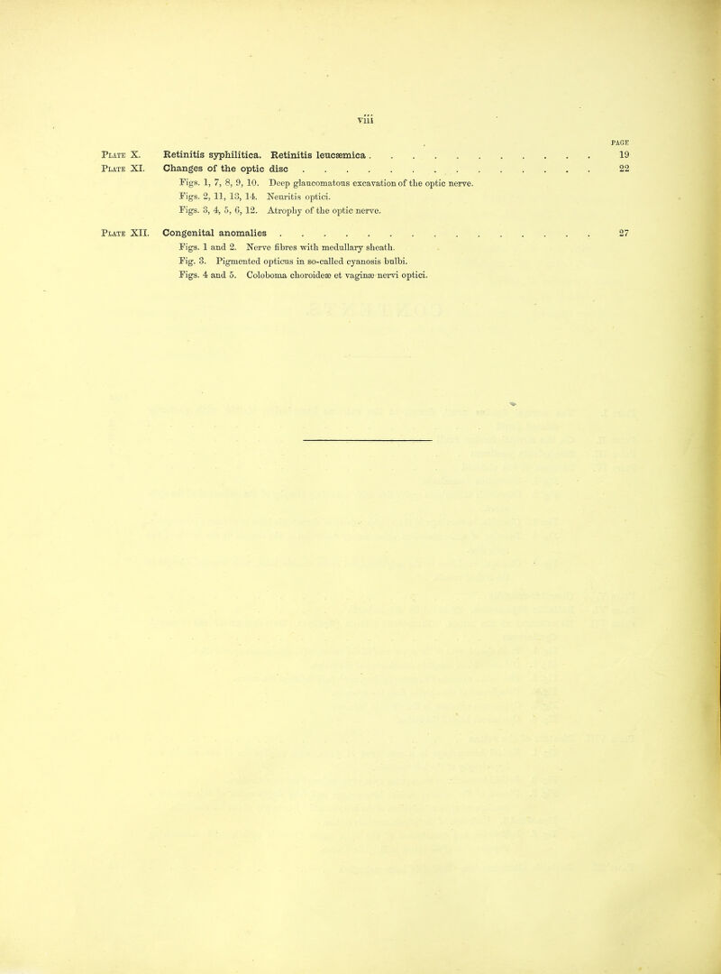 TUI PAGE Plate X. Retinitis syphilitica. Retinitis leucsemica 19 Plate XI. Changes of the optic disc 22 Figa. 1, 7, 8, 9, 10. Deep glaucomatous excavation of the optic nerve. Pigs. 2, 11, 13, 14. Neuritis optici. Pigs. 3, 4, 5, 6, 12. Atrophy of the optic nerve. Plate XII. Congenital anomalies 27 Pigs. 1 and 2. Nerve fibres with medullary sheath. Fig. 3. Pigmented opticus in so-called cyanosis bulbi. Figs. 4 and 5. Coloboma choroidese et vagince nervi optici. ■iis.