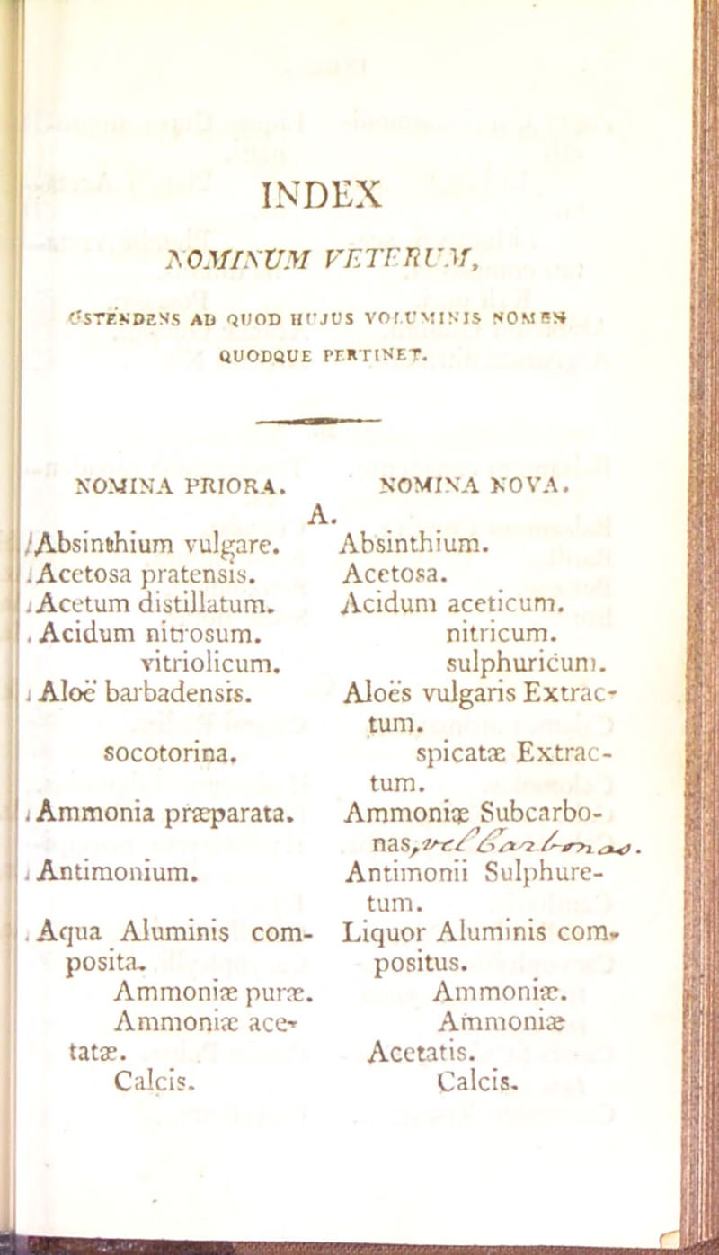 KOMISVM VETERUM, 0STBKPBNS AD QIIOD HCJUS VCM.tJMINIS NOMSH quodque rrnriNET. NOMINA PRIORA. J ,'Absinshium vulgare. .Acctosa pratensis. .Acetum distillatum. . Acidum nitiosum. vitriolicum. . AIoc barbadensrs. socotorina. j Amrnonia pra?parata. . Antimonium. . Aqua Aluminis com- posita. Ammonix purx. Ammonix ace- tatx. Calcis. NOMINA KOVA. Absinthium. Acetosa. Aciduni aceticum. nitricum. sulphuricun). AJoes vulgaris Extrac- tum. spicatx Extrac- tum. Ammonix Subcarbo- nas,zrr/ost^ /^ma* Antimonii Sulphure- tum. Liquor Aluminis com» positus. Ammonise. Ammonia; Acctatis. Calcis.