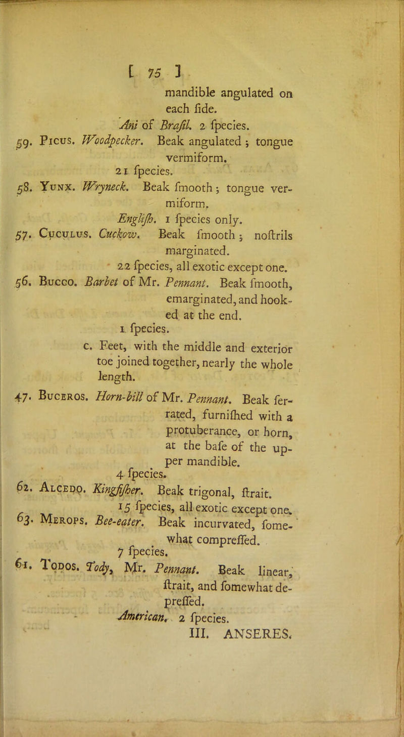 mandible angulated on each fide. Am of Brafil. 2 fpecies. 59. Picus. Woodpecker. Beak angulated ; tongue vermiform. 21 fpecies. 58. Yunx. Wryneck. Beak fmooth; tongue ver- miform. Englijh. 1 fpecies only. 57. Cuculus. Cuckow. Beak fmooth; noftrils marginated. 22 fpecies, all exotic except one. 56. Bucco. Barbet of Mr. Pennant. Beak fmooth, emarginated, and hook- ed at the end. 1 fpecies. c. Feet, with the middle and exterior toe joined together, nearly the whole length. 47. Buceros. Horn-bill of Mr. Pennant. Beak fer- rated, furnimed with a protuberance, or horn, at the bafe of the up- per mandible. 4 fpecies. 62. Alcedo. Kingfijher. Beak trigonal, ftrait. 15 fpecies, all exotic except one. 63. Merops. Bee-eater. Beak incurvated, fome- what comprefTed. 7 fpecies. 61. Todos. Tody, Mr. Pennant. Beak linear, ftrait, and fomewhat de- preffed. Jmtrican. 2 fpecies. III. ANSERES,