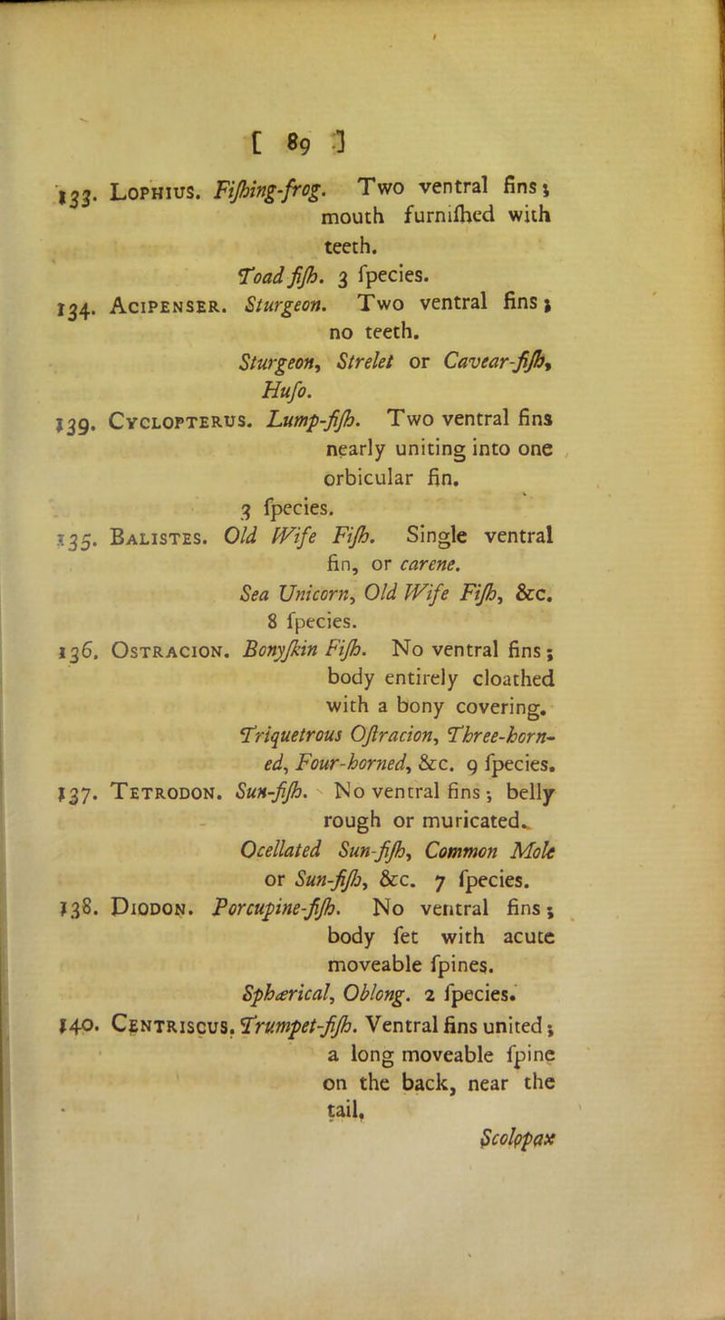 133. Lophius. Fifbing-frog. Two ventral fins; mouth furmfhed with teeth. Toadfifh. 3 fpecies. 134. Acipenser. Sturgeon. Two ventral fins; no teeth. Sturgeon, Strelet or Cavear-fifh9 Hufo. 139. Cyclopterus. Lump-fijh. Two ventral fins nearly uniting into one orbicular fin. 3 fpecies. 535. Balistes. Old fVife Fijh. Single ventral fin, or carene. Sea Unicorn, Old Wife Fijh, &c. 8 fpecies. 136. Ostracion. Bonyfkin Fifh. No ventral fins; body entirely cloathed with a bony covering. Triquetrous Oflracion, Three-horn- ed, Four-horned, &c. 9 fpecies. 137. Tetrodon. Sun-fifh. No ventral fins •, belly rough or muricated^ Ocellated Sun-fifh, Common Mole or Sun-fifh, &c. 7 fpecies. 138. Diodon. Porcupine-fifh. No ventral fins; body fet with acute moveable fpines. Spherical, Oblong. 2 fpecies. 140. Centriscus. Trumpet-fifh. Ventral fins united; a long moveable fpine on the back, near the tail. Scolppax