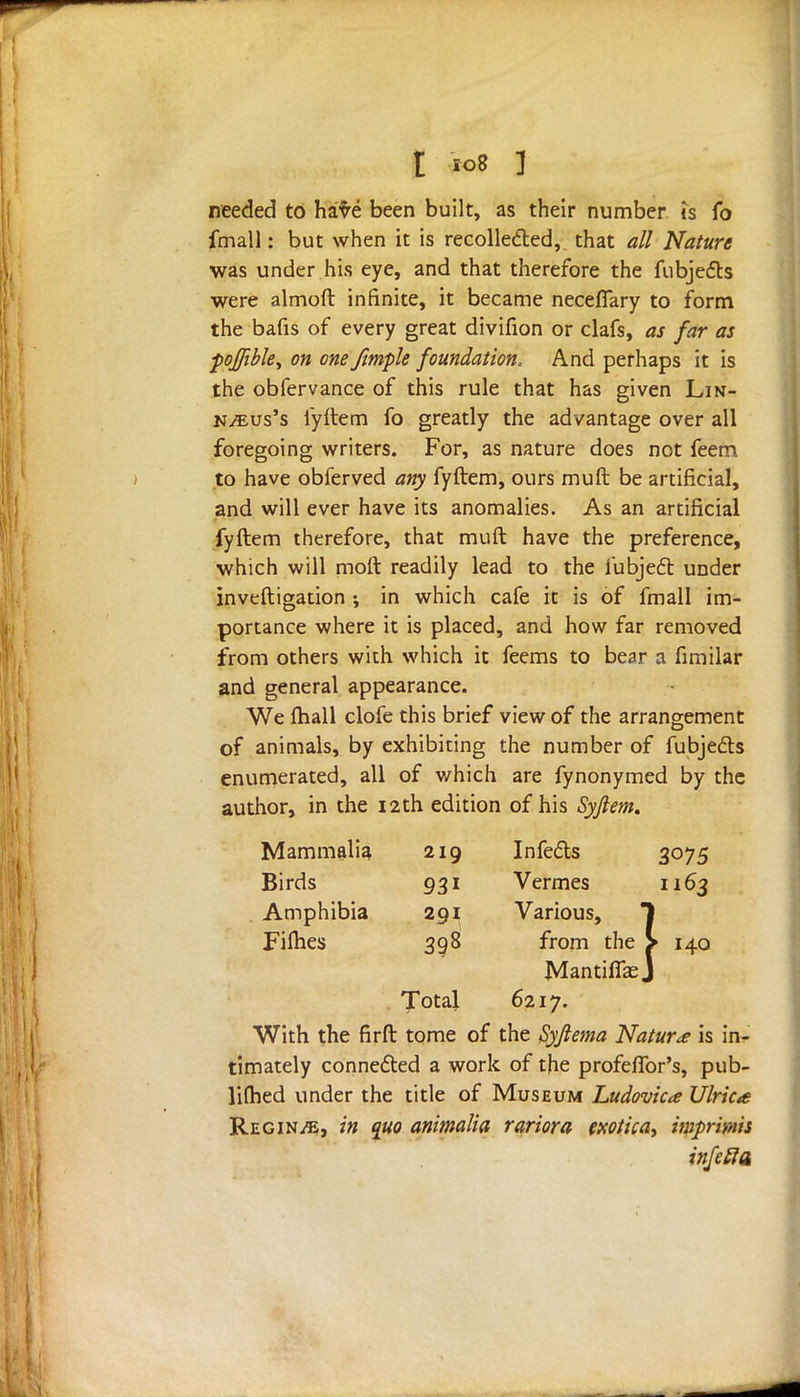 needed to have been built, as their number is fo fmall: but when it is recollected, that all Nature was under his eye, and that therefore the fubjects were almoft infinite, it became neceflary to form the bafis of every great divifion or clafs, as far as ■pofiible, on one fimple foundation. And perhaps it is the obfervance of this rule that has given Lin- nous's fyftem fo greatly the advantage over all foregoing writers. For, as nature does not feem to have obferved any fyftem, ours muft be artificial, and will ever have its anomalies. As an artificial fyftem therefore, that muft have the preference, which will moft readily lead to the fubject under inveftigation •, in which cafe it is of fmall im- portance where it is placed, and how far removed from others with which it feems to bear a fimilar and general appearance. We fhall clofe this brief view of the arrangement of animals, by exhibiting the number of fubjects enumerated, all of which are fynonymed by the author, in the 12th edition of his Syftem. Mammalia 219 Infects 3075 Birds 93i Vermes 1163 Amphibia 291 Various, Fifhes 398 from the I 140 Mantiffe. Total 6217. With the firft tome of the Syfiema Nature is in- timately connected a work of the profeffor's, pub- limed under the title of Museum Ludovica Ulrica Regino, in quo animalia rariora exotica^ imprimis infeftQk