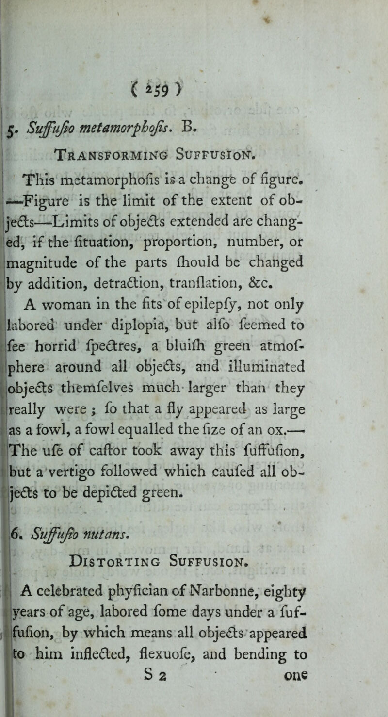 5* Suffujio metamorphojis. B. Transforming Suffusion. This metamorphofis is a change of figure. —Figure is the limit of the extent of ob- jjedts—Limits of objedls extended are chang- ed, if the fituation, proportion, number, or magnitude of the parts fhould be changed by addition, detradtion, tranflation, &c. A woman in the fits of epilepfy, not only labored under diplopia, but alfo feemed to fee horrid fpedtres, a bluifh green atmof- phere around all objedts, and illuminated objedts themfelves much larger than they ireally were ; fo that a fly appeared as large as a fowl, a fowl equalled the fize of an ox.—• The ufe of caftor took away this fuffufion, but a vertigo followed which caufed all ob- jects to be depidted green. 6. Suffujio nutans. Distorting Suffusion. A celebrated phyfician of Narbonne, eighty years of age, labored fome days under a fuf- fuflon, by which means all objedts appeared to him infledted, flexuofe, and bending to S 2 one
