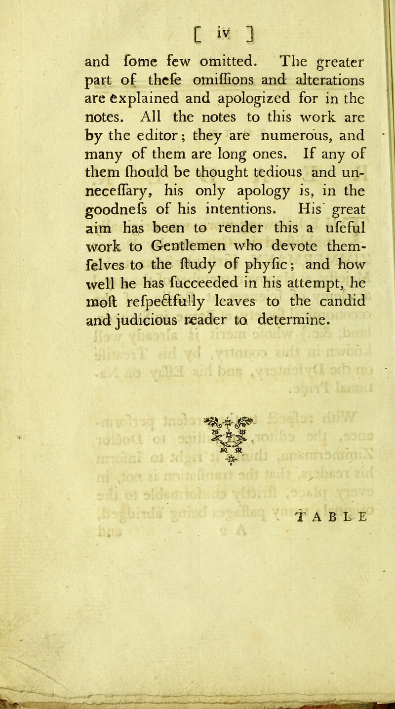 and fome few omitted. The greater part of thefe omiffions and alterations are explained and apologized for in the notes. All the notes to this work are by the editor; they are numerous, and many of them are long ones. If any of them fhould be thought tedious and un- neceffary, his only apology is, in the goodnefs of his intentions. His great aim has been to render this a ufeful work to Gentlemen who devote them- felves to the ftudy of phylic; and how well he has fucceeded in his attempt, he moft refpeftfuUy leaves to the candid and judicious reader to determine.