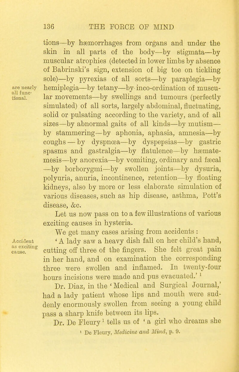 tions—by haemorrhages from organs and under the skin in all parts of the body—by stigmata—by muscular atrophies (detected in lower limbs by absence of Babrinski's sign, extension of big toe on tickling sole)—by pyrexias of all sorts—by paraplegia—by are nearly hemiplegia—by tetany—by- inco-ordination of muscu- tionai. lar movements—by swellings and tumours (perfectly simulated) of all sorts, largely abdominal, fluctuating, solid or pulsating according to the variety, and of all sizes—by abnormal gaits of all kinds—by mutism— by stammering—by aphonia, aphasia, amnesia—by coughs — by dyspnoea—by dyspepsias—by gastric spasms and gastralgia—by flatulence—by hsemate- mesis—by anorexia—by vomiting, ordinary and faecal —by borborygmi—by swollen joints—by dysm-ia, polyuria, anuria, incontinence, retention—by floating kidneys, also by more or less elaborate simulation of various diseases, such as hip disease, asthma, Pott's disease, &c. Let us now pass on to a few illustrations of various exciting causes in hysteria. We get many cases arising from accidents : Accident ' A lady saw a heavy dish fall on her child's hand, caaTe!'*^ Cutting off three of the fingers. She felt great pain in her hand, and on examination the corresponding three were swollen and inflamed. In twenty-four hours incisions were made and pus evacuated.' ' Dr. Diaz, in the 'Medical and Surgical Journal,' had a lady patient whose lips and mouth were sud- denly enormously swollen from seeing a young child pass a sharp knife between its lips. Dr. De Fleury ^ tells us of ' a gii-1 who dreams she 1 De Fleury, Medicine and Mind, p. 9.