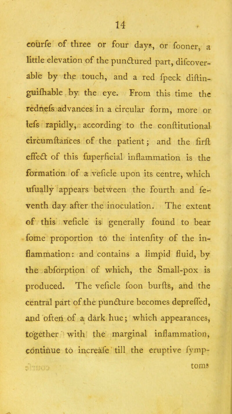 coiirfe of three or four days, or fooner, a little elevation of the pundlured part, difcover- able by the .touch, and a red fpeck diftin- guifliable t by. the eye. From this time the rednefs,advances in a circular form, more or lefs rapidly,^ according to the conftitutional circumftarices of the patient; and the firft effect of this fuperficial inflammation is the formation of a .veficle upon its centre, w’'hich ufually'appears between the fourth and fe- venth day after the inoculation. The extent of this' veficle is generally found to bear fome proportion to the intenfity of the in- flammation: and contains a limpid fluid, by the abforption. of which, the Small-pox is produced. The veficle foon burfts, and the central part of the pundture becomes deprefled, atid 'ofteri of a dark hue; which appearances, together'' with' the marginal inflammation, continue to increafe'till the eruptive fymp- r * tomf