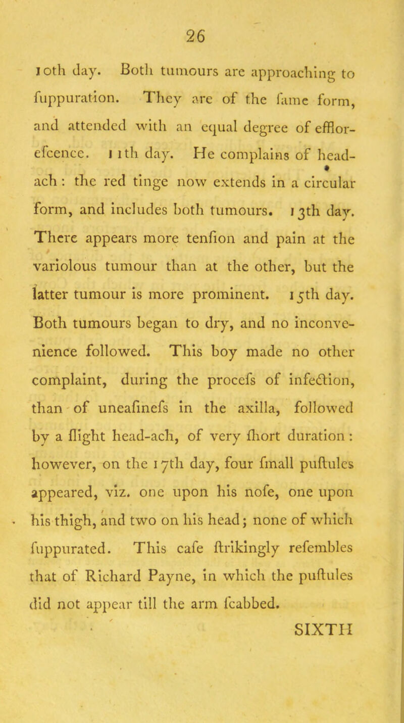 loth day. Botli tumours arc approaching to fuppuration. They are of the lame form, and attended with an equal degree of efflor- efcence. i ith day. He complains of head- ach : the red tinge now extends in a circular form, and includes both tumours. 13th day. There appears more tenfion and pain at the variolous tumour than at the other, but the latter tumour is more prominent. 15th day. Both tumours began to dry, and no inconve- nience followed. This boy made no other complaint, during the procefs of infection, than' of uneahnefs in the axilla, followed by a flight head-ach, of very fliort duration : however, on the 17th day, four finall puftules appeared, viz. one upon his nofe, one upon his thigh, and two on his head; none of which fuppurated. This cafe flrikingly refembles that of Richard Payne, in which the puftules did not appear till the arm fcabbed. SIXTH