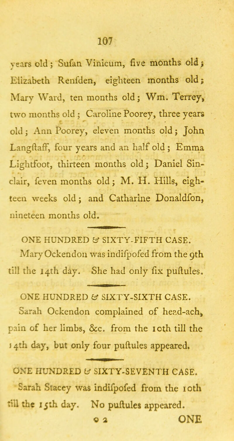 vears old: Sufan Vinicum, five months oldj Elizabeth Renfden, eighteen months old; Mary Ward, ten months old; Wm. Terrey, two months old ; Caroline Poorey, three years old; Ann Poorey, eleven months old; John LangftafF, four years and an half old ; Emma Lightfoot, thirteen months old; Daniel Sin- clair, feven months old; M. H. Hills, eigh- teen weeks old; and Catharine Donaldfon, nineteen months old. ONE HUNDRED 5s* SIXTY-FIFTH CASE. Mary Ockendon was indifpofed from the 9th till the 14th day. She had only fix puflules. ONE HUNDRED ^ SIXTY-SIXTH CASE. Sarah Ockendon complained of head-ach, pain of her limbs, &c. from the loth till the j 4th day, but only four puftules appeared. ONE HUNDRED y SIXTY-SEVENTH CASE. Sarah Stacey was indifpofed from the loth till the 15th day. No puflules appeared.