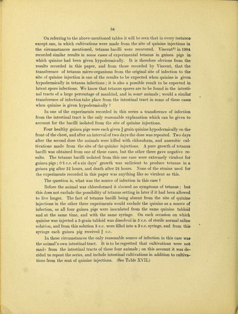 On referring to the above-mentioned tables it will be seen that in every instance except one, in which cultivations were made from the site of quinine injections in the circumstances mentioned, tetanus bacilli were recovered. Vincent^^ in 1904 recorded similar results in some cases of experimental tetanus in guinea pigs in which quinine had been given hypodermically. It is therefore obvious from the results recorded in this paper, and from those recorded by Vincent, that the transference of tetanus micro-organisms from the original site of infection to the site of quinine injection is one of the results to be expected when quinine is given hypodermically in tetanus infections ; it is also a possible result to be expected in latent spore infections. We know that tetanus spores are to be found in the intesti- nal tracts of a large percentage of mankind, and in some animals ; would a similar transference of infection take place from the intestinal tract in some of these cases when quinine is given hypodermically ? In one of the experiments recorded in this series a transference of infection from the intestinal tract is the only reasonable explanation which can be given to account for the bacilli isolated from the site of quinine injections. Four healthy guinea pigs were each given f grain quinine hypodermically on the front of the chest, and after an interval of two days the dose was repeated. Two days after the second dose the animals were killed with chloroform, and anaerobic cul- tivations made from the site of the quinine injections. A pure growth of tetanus bacilli was obtained from one of these cases, but the other three gave negative re- sults. The tetanus bacilli isolated from this one case were extremely virulent for guinea pigs ; 01 c.c. of a six days' growth was sufficient to produce tetanus in a guinea pig after 12 hours, and death after 24 hours. None of the strains used for the experiments recorded in this paper was anything Hke so virulent as this. The question is, what was the source of infection in this case ? Before the animal was chloroformed it showed no symptoms of tetanus ; but this does not exclude the possibiUty of tetanus setting in later if it had been allowed to Hve longer. The fact of tetanus bacilli being absent from the site of quinine injections in the other three experiments would exclude the quinine as a source of infection, as all four guinea pigs were inoculated from the same quinine tabloid and at the same time, and with the same sjrringe. On each occasion on which quinine was injected a 5-grain tabloid was dissolved in 5 c.c. of sterile normal saline solution, and from this solution 3 c.c. were filled into a 3 c.c. syringe, and from this syringe each guinea pig received f c.c. In these circumstances the only reasonable source of infection in this case was the animaFs own intestinal tract. It is to be regretted that cultivations were not made from the intestinal tracts of these four animals ; on this account it was de- cided to repeat the series, and include intestinal cultivations in addition to cultiva- tions from the seat of quinine injections. (See Table XVII.)