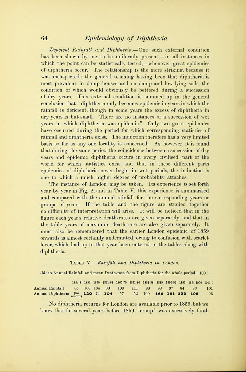 Deficient Rainfall and Diphtheria.—One such external condition has been shown by me to be uniformly present,—in all instances in which the point can be statistically tested,—whenever great epidemics of diphtheria occur. The relationship is the more striking, because it was unsuspected; the general teaching having been that diphtheria is most prevalent in damp houses and on damp and low-lying soils, the condition of which would obviously be bettered during a succession of dry years. This external condition is summed up in the general conclusion that  diphtheria only becomes epidemic in years in which the rainfall is deficient, though in some years the excess of diphtheria in dry years is but small. There are no instances of a succession of wet years in which diphtheria was epidemic. Only two great epidemics have occurred during the period for which corresponding statistics of rainfall and diphtheria exist. The induction therefore has a very limited basis so far as any one locality is concerned. As, however, it is found that during the same period the coincidence between a succession of dry years and epidemic diphtheria occurs in every civilised part of the world for which statistics exist, and that in these different parts epidemics of diphtheria never begin in wet periods, the induction is one to which a much higher degree of probability attaches. The instance of London may be taken. Its experience is set forth year by year in Fig. 2, and in Table V. this experience is summarised and compared with the annual rainfall for the corresponding years or groups of years. If the table and the figure are studied together no difficulty of interpretation will arise. It will be noticed that in the figure each year's relative death-rates are given separately, and that in the table years of maximum death-rate are also given separately. It must also be remembered that the earlier London epidemic of 1859 onwards is almost certainly understated, owing to confusion with scarlet fever, which had up to that year been entered in the tables along with diphtheria. Table V. Rainfall and Diphtheria in London. (Mean Annual Eainfall and mean Death-rate from Diphtheria for the whole period = 100.) 1854-8 1859 1860 1861-64 1865-70 1871-80 1881-88 1889 1890-92 1893 1894-1900 1901-0 Annual Rainfall 85 108 134 88 109 111 98 98 97 84 93 101 Annual Diphtheria (no 120 74 1 04 57 52 100 1 66 1 6 1 323 1 95 93 record) No diphtheria returns for London are available prior to 1859, but we know that for several years before 1859  croup  was excessively fatal,