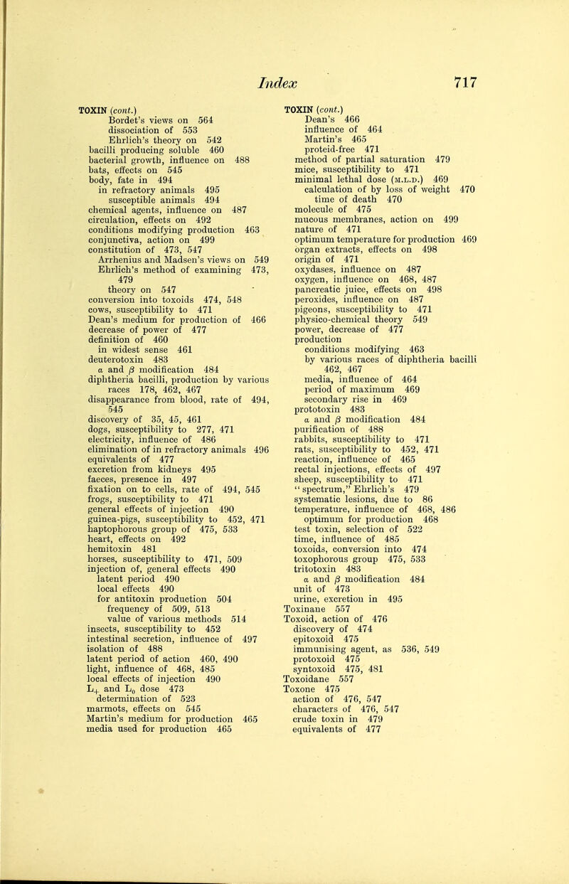 TOXIN {cont.) Bordet's views on 564 dissociation of 553 Ehrlich's theory on 542 bacilli producing soluble 460 bacterial growth, influence on 488 bats, effects on 545 body, fate in 494 in refractory animals 495 susceptible animals 494 chemical agents, influence on 487 circulation, effects on 492 conditions modifying production 463 conjunctiva, action on 499 constitution of 473, 547 Arrhenius and Madsen's views on 549 Ehrlich's method of examining 473, 479 theory on 547 conversion into toxoids 474, 548 cows, susceptibility to 471 Dean's medium for production of 466 decrease of power of 477 definition of 460 in widest sense 461 deuterotoxin 483 a and (3 modification 484 diphtheria bacilli, production by various races 178, 462, 467 disappearance from blood, rate of 494, 545 discovery of 35, 45, 461 dogs, susceptibility to 277, 471 electricity, influence of 486 elimination of in refractory animals 496 equivalents of 477 excretion from kidneys 495 faeces, presence in 497 fixation on to cells, rate of 494, 545 frogs, susceptibility to 471 general effects of injection 490 guinea-pigs, susceptibility to 452, 471 haptophorous group of 475, 533 heart, effects on 492 hemitoxin 481 horses, susceptibility to 471, 509 injection of, general effects 490 latent period 490 local effects 490 for antitoxin production 504 frequency of 509, 513 value of various methods 514 insects, susceptibility to 452 intestinal secretion, influence of 497 isolation of 488 latent period of action 460, 490 light, influence of 468, 485 local effects of injection 490 L4. and L|| dose 473 determination of 523 marmots, effects on 545 Martin's medium for production 465 media used for production 465 TOXIN {cont.) Dean's 466 influence of 464 Martin's 465 proteid-free 471 method of partial saturation 479 mice, susceptibility to 471 minimal lethal dose (m.l.d.) 469 calculation of by loss of weight 470 time of death 470 molecule of 475 mucous membranes, action on 499 nature of 471 optimum temperature for production 469 organ extracts, effects on 498 origin of 471 oxydases, influence on 487 oxygen, influence on 468, 487 pancreatic juice, effects on 498 peroxides, influence on 487 pigeons, susceptibility to 471 physico-chemical theory 549 power, decrease of 477 production conditions modifying 463 by various races of diphtheria bacilli 462, 467 media, influence of 464 period of maximum 469 secondary rise in 469 prototoxin 483 a and /3 modification 484 purification of 488 rabbits, susceptibility to 471 rats, susceptibility to 452, 471 reaction, influence of 465 rectal injections, effects of 497 sheep, susceptibility to 471  spectrum, Ehrlich's 479 systematic lesions, due to 86 temperature, influence of 468, 486 optimum for production 468 test toxin, selection of 522 time, influence of 485 toxoids, conversion into 474 toxophorous group 475, 533 tritotoxin 483 a and /3 modification 484 unit of 473 urine, excretion in 495 Toxinane 557 Toxoid, action of 476 discovery of 474 epitoxoid 475 immunising agent, as 536, 549 protoxoid 475 syntoxoid 475, 481 Toxoidane 557 Toxone 475 action of 476, 547 characters of 476, 547 crude toxin in 479 equivalents of 477