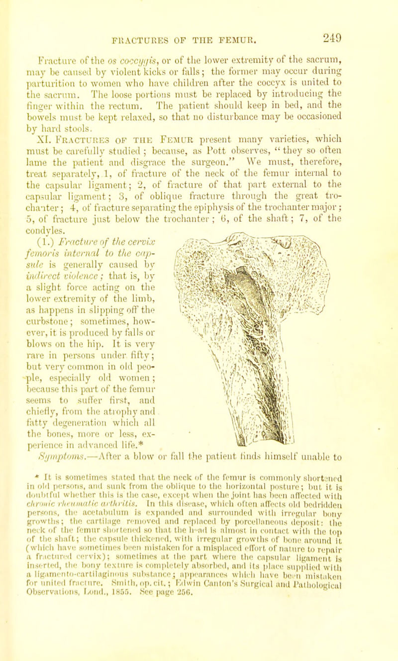 Fi actuve of the os cocciji/is, or of the lower extremity of tlie sacrum, may be caused by violent kicks or falls; tlie former may occLir during parturition to women who ha\'c children after the coccyx is united to the sacrum. The loose portions must be replaced by introducing; the finger within the rectum. The patient should keep in bed, and the bowels must be kept relaxed, so that no disturbance may be occasioned by hartl stools. XI. Fractures of the Femur present many varieties, which must be carefully studied ; because, as Pott observes,  they so often lame the patient and disgrace the surgeon. We must, therefore, treat separately, 1, of fracture of the neck of the femur internal to the capsular ligament; 2, of fracture of th.at part external to the capsular- ligament; 3, of oblique fracture through the great tro- cha'iter ; 4, of fracture separating the epiphysis of the trochanter major ; 5, of fracture just below the troclianter; 6, of the shaft; 7, of the condyles. (1.) Fracture of the cervix femoris internal to the cnp- sule is generally caused by indirect violence; that is, by a slight force acting on the lower extremity of the limb, as happens in slipping off the curbstone; sometimes, how- ever, it is produced by falls or blows on the hip. It is very rare in persons under fifty; but very common in old peo- ple, especially old women ; because this part of the femur seems to suffer first, and chiefly, from the atrophy and fatty degeneration which all the bones, more or less, ex- perience in advanceil life.* S'l/mptojns.—After a blow oi- fall tlie patient i'uuU himself unable to * It is sometimes stated that tlie neck of tlio femur is commonly siiort^jupd in old persotis, ami sunk from the obliiiue to the horizontal posture; hut it is (lonhlfiil whether this is tlie case, except when the joint has been alTecteil with clirniiic rlifvmatic arthi-lLis. In this disease, wliich oflen affects old bedridden persons, tlie acetabuUim is e.xpaiided and surrounded with irregular bony growths; the cartilage removed and replaced by porcellanenus deposit: the neck of the femur shurteni'd so that the Ir ad Is almost in contact with Ihe top of the shaft; the capsule tliicki'iicd. with irregular growllis of Imne around 11 (which havu sometimes lieen mistaken for a misplaced elTort of naliu'o to repair a fiMcturril cervix); sometimes at ihe part where the capsular ligament is inserted, the bony texture is completely absorbed, and its place sup|ilied witli a ligamento-cartilagiuons substance; appearances which have hern mistaken for imileil fr.iciure. Smith, op.cit.; Edwin Canton's Surgical and I'alhologicul Obscrvalioiis, Loud., 1855. See page 250.