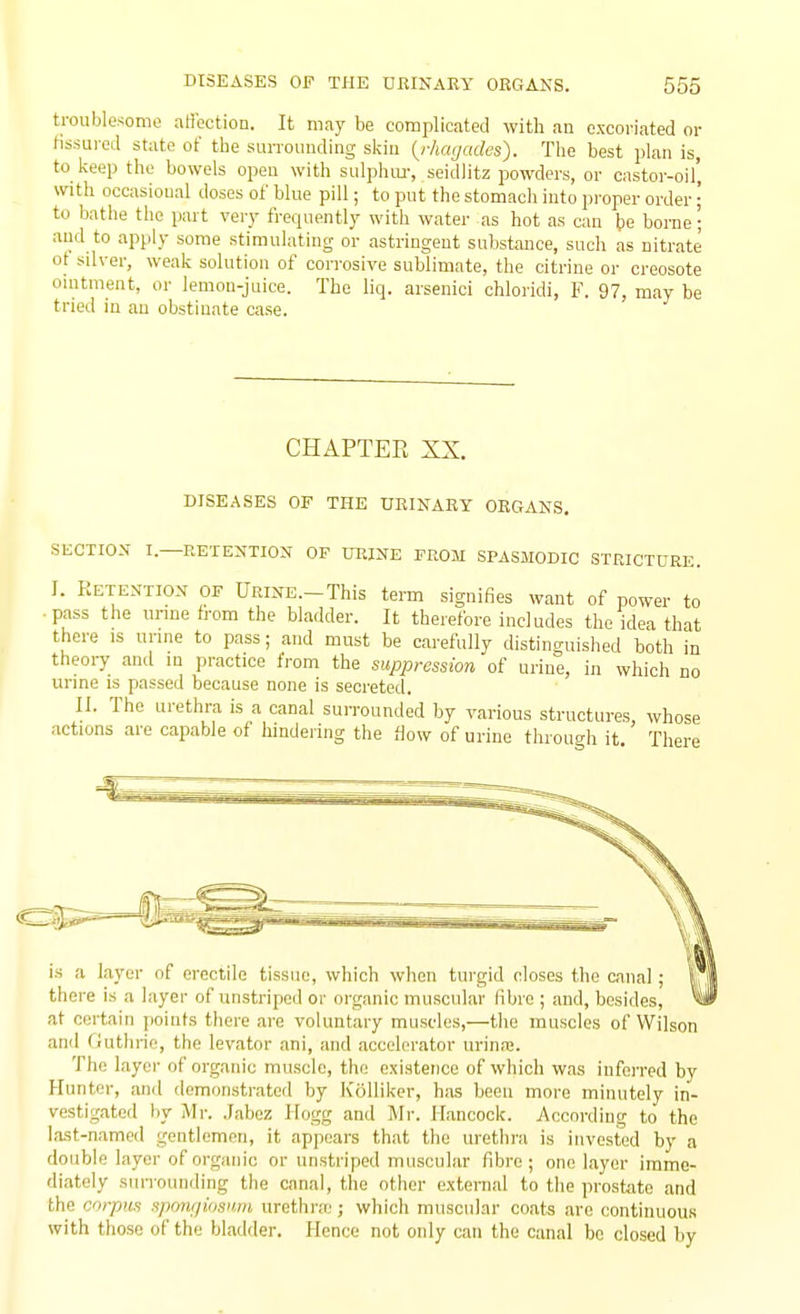 troublesome affection. It may be complicated with an excoriated or tissured state of the suiToimding skiu {rhagades). The best plan is, to keep the bowels open with sulphiu-, seidlitz powders, or castor-oil' with occasional doses of blue pill; to put the stomach into proper order '■ to bathe the part very frequently with water as hot as can he borne; and to apply some stimulating or astringent substance, such as nitrate ot silver, weak solution of corrosive sublimate, the citrine or creosote onitment, or lemon-juice. The liq. arsenici chloridi, F. 97, may be tried in an obstinate case. CHAPTER XX. DISEASES OF THE DKINARY ORCxANS, SECTION I.—EETENTIOX OF UHINE FROM SPASMODIC STRICTURE. I. Retention of Urine.-This term signifies want of power to • pass the urine from the bladder. It therefore includes the idea that there is nnne to pass; and must be carefully distinguished both in theory and m practice from the suppression of urine, in which no urine is passed because none is secreted. II. The urethra is a canal surrounded by various structures whose actions are capable of hindering the flow of urine through it. There A layer of erectile tissue, which when turgid closes the canal ; there is a layer of unstriped or organic muscular fibre ; and, besides, at certain points there are voluntary muscles,—the muscles of Wilson and Guthrie, the levator ani, and accelerator urinaj. The layer of organic muscle, the existence of which was inferred by Hunter, and demonstrated by Kolliker, has been more minutely in- vestigated by Mr. .labez Hogg and Mr. Hancock. According to the la-st-named gentlemen, it appears that the urethra is invested by a double layer of organic or unstriped muscular fibre; one layer imme- diately surrounding the canal, the other external to the prostate and the corpus spo7i(jiosiwi urethra^; which muscular coats arc continuous with those of the bladder. Hence not only can the canal be closed by