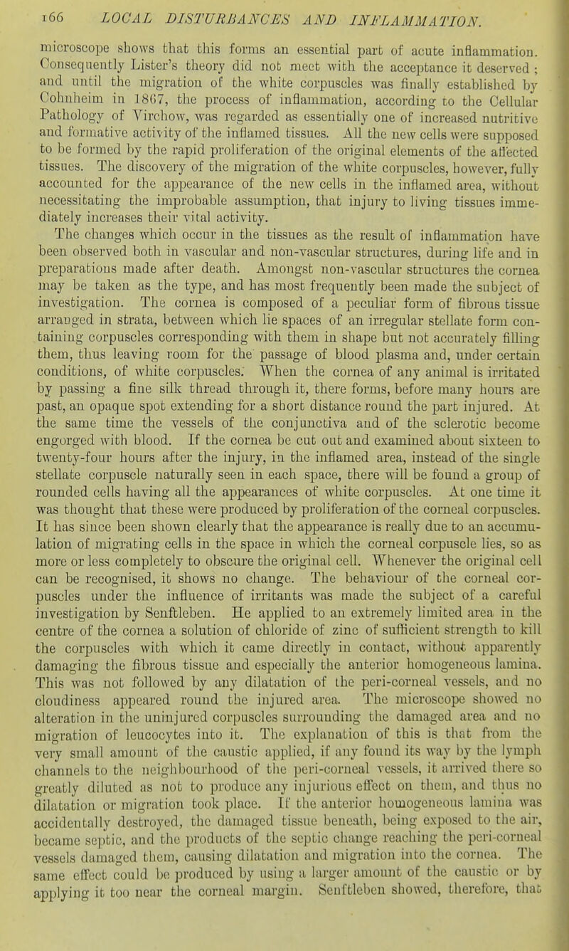 microscope shows that this forms an essential part of acute inflammation. Consequently Lister's theory did nob meet with the acceptance it deserved : and until the migration of the white corpuscles was finally establislied by Cohnheim in 18G7, the process of inflammation, according to the Cellular Pathology of Virchow, was regarded as essentially one of increased nutritive and formative activity of the inflamed tissues. All the new cells were supposed to be formed by the rapid proliferation of the original elements of the aflected tissues. The discovery of the migration of the white corpuscles, however, fully accounted for the appearance of the new cells in the inflamed area, without necessitating the improbable assumption, that injury to living tissues imme- diately increases their vital activity. The changes which occur in the tissues as the result of inflammation have been observed both in vascular and non-vascular structures, during life and in preparations made after death. Amongst non-vascular structures the cornea ]nay be taken as the type, and has most frequently been made the subject of investigation. The cornea is composed of a peculiar form of fibrous tissue arrauged in strata, between which lie spaces of an irregular stellate form con- taining corpuscles corresponding with them in shape but not accurately filling them, thus leaving room for the passage of blood plasma and, under certain conditions, of white corpuscles. When the cornea of any animal is irritated by passing a fine silk thread through it, there forms, before many hours are past, an opaque spot extending for a short distance round the part injured. At the same time the vessels of the conjunctiva and of the sclerotic become engorged with blood. If the cornea be cut out and examined about sixteen to twenty-four hours after the injury, in the inflamed area, instead of the single stellate corpuscle naturally seen in each space, there will be found a group of rounded cells having all the appearances of white corpuscles. At one time it was thought that these were produced by proliferation of the corneal corpuscles. It has since been shown clearly that the appearance is really due to an accumu- lation of migTating cells in the space in which the corneal corpuscle lies, so as more or less completely to obscure the original cell. Whenever the original cell can be recognised, it shows no change. The behaviour of the corneal cor- puscles under the influence of irritants was made the subject of a careful investigation by Senftleben. He applied to an extremely limited area in the centre of the cornea a solution of chloride of zinc of sufficient strength to kill the corpuscles with which it came directly in contact, without apparently damaging the fibrous tissue and especially the anterior homogeneous lamina. This was not followed by any dilatation of the peri-corneal vessels, and no cloudiness appeared round the injured area. The microscope showed no alteration in the uninjured corpuscles surrounding the damaged area and no migration of leucocytes into it. The explanation of this is that from the very small amount of the caustic applied, if any found its way by the lymph channels to the neighbourhood of the peri-corneal vessels, it arrived there so greatly diluted as not to produce any injurious efifect on them, and thus no dilatation or migration took place. If the anterior homogeneous lamina was accidentally destroyed, the damaged tissue beneath, being exijoscd to the air. became sc])tic, and the products of the septic change reaching the peri-corneal vessels damaged them, causing dilatation and migration into the cornea. The same effect could be produced by using a larger amount of the caustic or by applying it too near the corneal margin. Senftleben showed, therefore, that