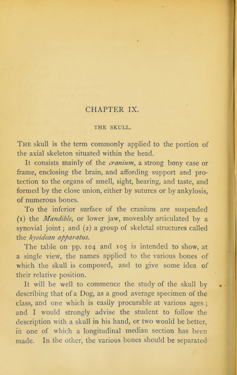 CHAPTER IX. THE SKULL. The skull is the term commonly applied to the portion of the axial skeleton situated within the head. It consists mainly of the craniufn, a strong bony case or frame, enclosing the brain, and affording support and pro- tection to the organs of smell, sight, hearing, and taste, and formed by the close union, either by sutures or by ankylosis, of numerous bones. To the inferior surface of the cranium are suspended (i) the Mandible, or lower jaw, moveably articulated by a synovial joint; and (2) a group of skeletal structures called the hyoidean apparatus. The table on pp. 104 and 105 is intended to show, at a single view, the names applied to the various bones of which the skull is composed, and to give some idea of their relative position. It will be well to commence the study of the skull by describing that of a Dog, as a good average specimen of the class, and one which is easily procurable at various ages ; and I would strongly advise the student to follow the description with a skull in his hand, or two would be better, in one of which a longitudinal median section has been made. In the other, the various bones should be separated