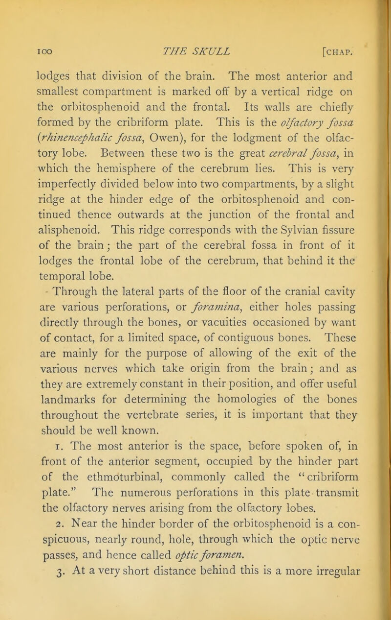 lodges that division of the brain. The most anterior and smallest compartment is marked off by a vertical ridge on the orbitosphenoid and the frontal. Its walls are chiefly formed by the cribriform plate. This is the olfactory fossa {rhinencephalic fossa, Owen), for the lodgment of the olfac- tory lobe. Between these two is the great cerebral fossa, in which the hemisphere of the cerebrum lies. This is very imperfectly divided below into two compartments, by a shght ridge at the hinder edge of the orbitosphenoid and con- tinued thence outwards at the junction of the frontal and alisphenoid. This ridge corresponds with the Sylvian fissure of the brain; the part of the cerebral fossa in front of it lodges the frontal lobe of the cerebrum, that behind it the temporal lobe. - Through the lateral parts of the floor of the cranial cavity are various perforations, or forainina, either holes passing directly through the bones, or vacuities occasioned by want of contact, for a limited space, of contiguous bones. These are mainly for the purpose of allowing of the exit of the various nerves which take origin from the brain; and as they are extremely constant in their position, and offer useful landmarks for determining the homologies of the bones throughout the vertebrate series, it is important that they should be well known. 1. The most anterior is the space, before spoken of, in front of the anterior segment, occupied by the hinder part of the ethmoturbinal, commonly called the cribriform plate. The numerous perforations in this plate transmit the olfactory nerves arising from the olfactory lobes. 2. Near the hinder border of the orbitosphenoid is a con- spicuous, nearly round, hole, through which the optic nerve passes, and hence called optic foramen.