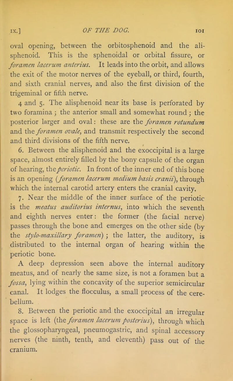 oval opening, between the orbitosphenoid and the ali- sphenoid. This is the sphenoidal or orbital fissure, or foramen lacenim anierius. It leads into the orbit, and allows the exit of the motor nerves of the eyeball, or third, fourth, and sixth cranial nerves, and also the first division of the trigeminal or fifth nerve. 4 and 5. The alisphenoid near its base is perforated by two foramina ; the anterior small and somewhat round ; the posterior larger and oval: these are the foramen roiundum and the foramen ovale, and transmit respectively the second and third divisions of the fifth nerve. 6. Between the ahsphenoid and the exoccipital is a large space, almost entirely filled by the bony capsule of the organ of hearing, theperiotic. In front of the inner end of this bone is an opening {foramen lacerum medium basis cranii), through which the internal carotid artery enters the cranial cavity. 7. Near the middle of the inner surface of the periotic is the meatus auditorius interntis, into which the seventh and eighth nerves enter: the former (the facial nerve) passes through the bone and emerges on the other side (by the stylo-maxillary foramen) ; the latter, the auditory, is distributed to the internal organ of hearing within the periotic bone. A deep depression seen above the internal auditory meatus, and of nearly the same size, is not a foramen but a fossa, lying within the concavity of the superior semicircular canal. It lodges the flocculus, a small process of the cere- bellum. 8. Between the periotic and the exoccipital an irregular space is left (the foramen lacerum posterius), through which the glossopharyngeal, pneumogastric, and spinal accessory nerves (the ninth, tenth, and eleventh) pass out of the cranium.