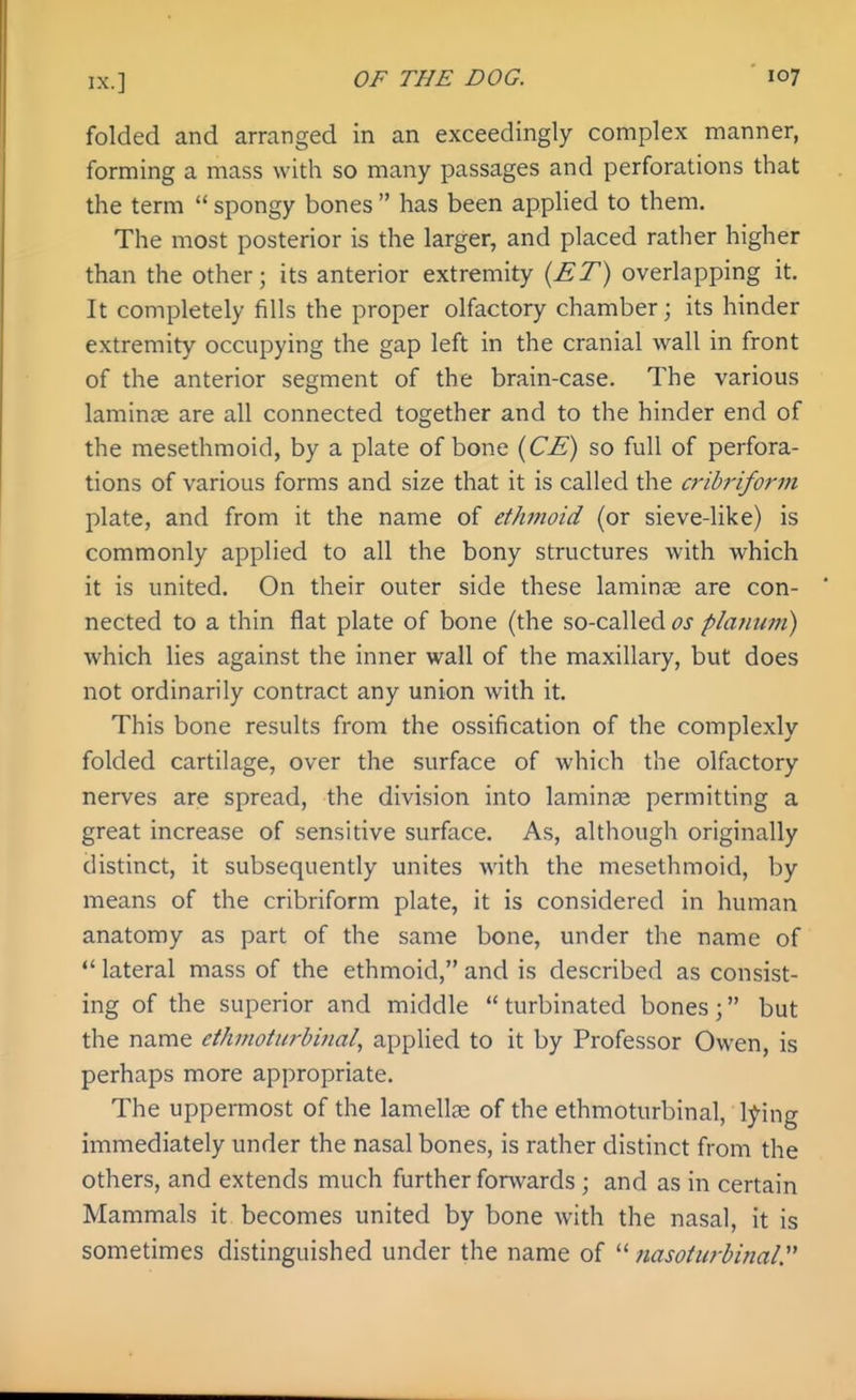 folded and arranged in an exceedingly complex manner, forming a mass with so many passages and perforations that the term  spongy bones  has been applied to them. The most posterior is the larger, and placed rather higher than the other; its anterior extremity (£T) overlapping it. It completely fills the proper olfactory chamber; its hinder extremity occupying the gap left in the cranial wall in front of the anterior segment of the brain-case. The various laminae are all connected together and to the hinder end of the mesethmoid, by a plate of bone {€£) so full of perfora- tions of various forms and size that it is called the cribriform plate, and from it the name of ethmoid (or sieve-like) is commonly applied to all the bony structures with which it is united. On their outer side these laminae are con- nected to a thin flat plate of bone (the so-called os planum) which lies against the inner wall of the maxillary, but does not ordinarily contract any union with it. This bone results from the ossification of the complexly folded cartilage, over the surface of which the olfactory nerves are spread, the division into laminas permitting a great increase of sensitive surface. As, although originally distinct, it subsequently unites Avitli the mesethmoid, by means of the cribriform plate, it is considered in human anatomy as part of the same bone, under the name of *' lateral mass of the ethmoid, and is described as consist- ing of the superior and middle  turbinated bones; but the name ethmotiirbinal, applied to it by Professor Owen, is perhaps more appropriate. The uppermost of the lamellae of the ethmoturbinal, l^ing immediately under the nasal bones, is rather distinct from the others, and extends much further forwards; and as in certain Mammals it becomes united by bone with the nasal, it is sometimes distinguished under the name of  nasoturbinaiy