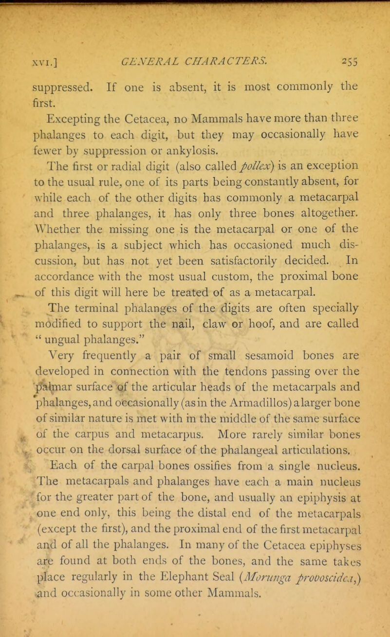 suppressed. If one is absent, it is most commonly the first. Excepting the Cetacea, no Mammals have more than three phalanges to each digit, but they may occasionally have fewer by suppression or ankylosis. The first or radial digit (also called pollex) is an exception to the usual rule, one of its parts being constantly absent, for while each of the other digits has commonly a metacarpal and three phalanges, it has only three bones altogether. Whether the missing one is the metacarpal or one of the phalanges, is a subject which has occasioned much dis- cussion, but has not yet been satisfactorily decided. In accordance with the most usual custom, the proximal bone of this digit will here be treated of as a metacarpal. The terminal phalanges of the digits are often specially modified to support the nail, claw or hoof, and are called  ungual phalanges. Very frequently a pair of small sesamoid bones are developed in connection with the tendons passing over the p'almar surface Qf the articular heads of the metacarpals and l)halanges,and occasionally (as in the Armadillos) a larger bone of similar nature is met with in the middle of the same surface of the cari)us and metacarpus. More rarely similar bones occur on the dorsal surface of the phalangeal articulations. Each of the carpal bones ossifies from a single nucleus. The metacarpals and phalanges have each a main nucleus ' for the greater part of the bone, and usually an epiphysis at one end only, this being the distal end of the metacarpals (except the first), and the proximal end of the first metacarpal and of all the phalanges. In many of the Cetacea epiphyses are found at both ends of the bones, and the same takes place regularly in the Elephant Seal {Morunga proooscidci,) ■and occasionally in some other Mammals.