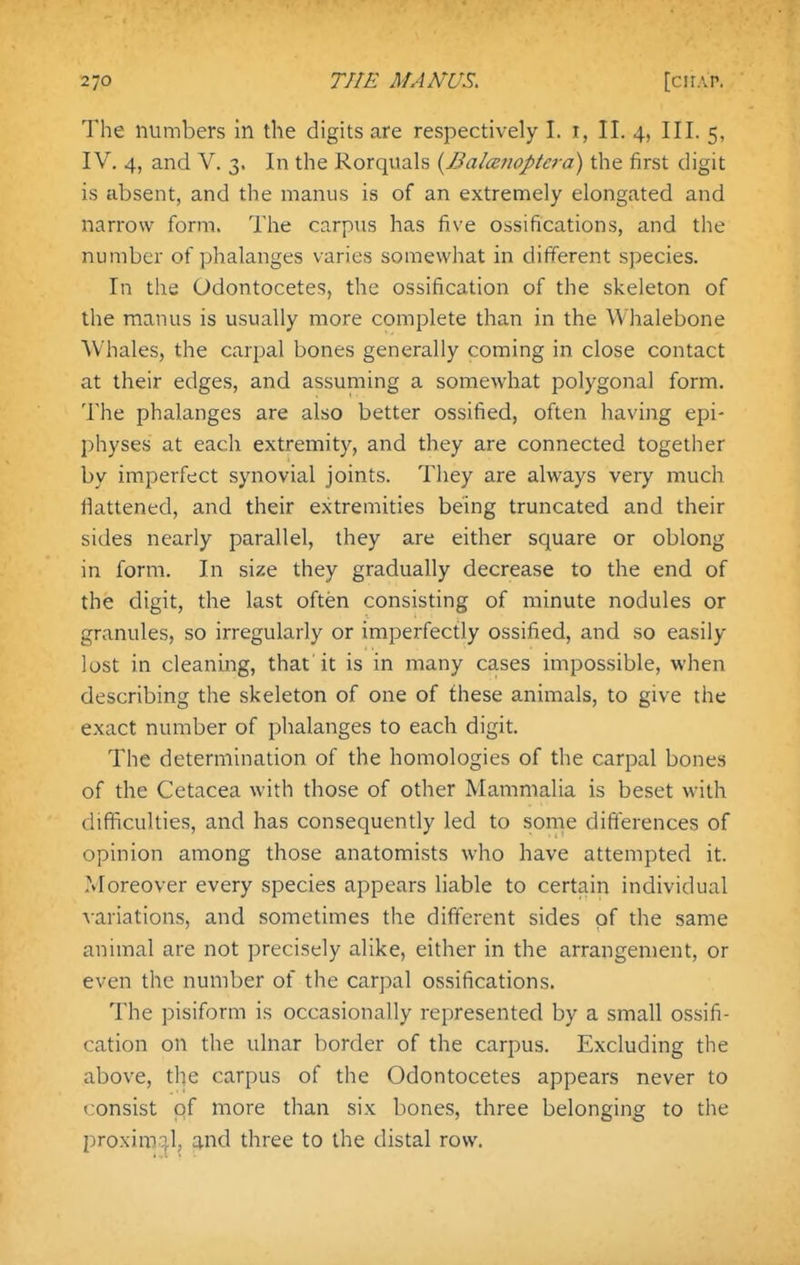 The numbers in the digits are respectively 1. i, II. 4, III. 5, IV, 4, and V. 3. In the Rorquals {Balcctioptera) the first digit is absent, and the manus is of an extremely elongated and narrow form. The carpus has five ossifications, and the number of phalanges varies somewhat in different species. In the Odontocetes, the ossification of the skeleton of the manus is usually more complete than in the Whalebone Whales, the carpal bones generally coming in close contact at their edges, and assuming a somewhat polygonal form. The phalanges are also better ossified, often having epi- physes at each extremity, and they are connected together by imperfect synovial joints. They are always very much flattened, and their extremities being truncated and their sides nearly parallel, they are either square or oblong in form. In size they gradually decrease to the end of the digit, the last often consisting of minute nodules or granules, so irregularly or imperfectly ossified, and so easily lost in cleaning, that it is in many cases impossible, when describing the skeleton of one of these animals, to give the exact number of phalanges to each digit. The determination of the homologies of the carpal bones of the Cetacea with those of other Mammalia is beset with difficulties, and has consequently led to some difierences of opinion among those anatomists who have attempted it. Moreover every species appears liable to certain individual ^■ariations, and sometimes the different sides of the same animal are not precisely alike, either in the arrangement, or even the number of the carpal ossifications. The pisiform is occasionally represented by a small ossifi- cation on the ulnar border of the carpus. Excluding the above, the carpus of the Odontocetes appears never to consist of more than six bones, three belonging to the proximiq.lj and three to the distal row.