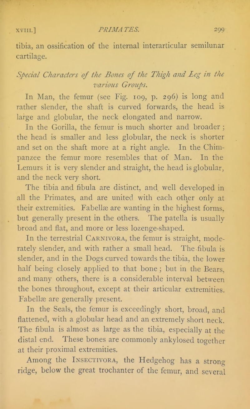 tibia, an ossification of the internal interarticular semilunar cartilage. Special Characters of the Bones of the Thigh and Leg in the various Groups. In Man, the femur (see Fig. 109, p. 296) is long and rather slender, the shaft is curved forwards, the head is lai-ge and globular, the neck elongated and narrow. In the Gorilla, the femur is much shorter and broader ; the head is smaller and less globular, the neck is shorter and set on the shaft more at a right angle. In the Chim- panzee the femur more resembles that of Man. In the Lemurs it is very slender and straight, the head is globular, and the neck very short. The tibia and fibula are distinct, and well developed in all the Primates, and are united with each other only at their extremities. Fabellse are wanting in the highest forms, but generally present in the others. The patella is usually broad and flat, and more or less lozenge-shaped. In the terrestrial Carnivora, the femur is straight, mode- rately slender, and with rather a small head. The fibula is slender, and in the Dogs curved towards the tibia, the lower half being closely applied to that bone ; but in the Bears, and many others, there is a considerable interval between the bones throughout, except at their articular extremities. Fabellffi are generally present. In the Seals, the femur is exceedingly short, broad, and flattened, with a globular head and an extremely short neck. The fibula is almost as large as the tibia, especially at the distal end. These bones are commonly ankylosed together at their proximal extremities. Among the Insectivora, the Hedgehog has a strong ridge, below the great trochanter of the femur, and several