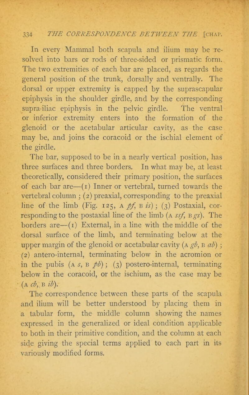Ill every Mammal botli scapula and ilium may be re- solved into bars or rods of diree-sided or prismatic form. The two extremities of each bar are placed, as regards the general position of the trunk, dorsally and ventrally. The dorsal or upper extremity is capped by the suprascapular epiphysis in the shoulder girdle, and by the corresponding supra-iliac epiphysis in the pelvic girdle. The ventral or inferior extremity enters into the formation of the glenoid or the acetabular articular cavity, as the case may be, and joins the coracoid or the ischial element of the girdle. The bar, supposed to be in a nearly vertical position, has three surfaces and three borders. In what may be, at least theoretically, considered their primary position, the surfaces of each bar are—(i) Inner or vertebral, turned towards the vertebral column ; (2) preaxial, corresponding to the preaxial line of the limb (Fig. 125, a pf,is); (3) Postaxial, cor- responding to the postaxial line of the limb (a ssf, 'Qgs). The borders are—(i) External, in a line with the middle of the dorsal surface of the limb, and terminating below at the upper margin of the glenoid or acetabular cavity (a gb, b ab) ; (2) antero-internal, terminating below in the acromion or in the pubis (a s, b pb); (3) postero-internal, terminating below in the coracoid, or the ischium, as tlie case may be (a cb, B ib). The correspondence between these parts of the scapula and ilium will be better understood by placing them in a tabular form, the middle column showing the names expressed in the generalized or ideal condition applicable to both in their primitive condition, and the column at each side giving the special terms applied to each part in its variously modified forms.