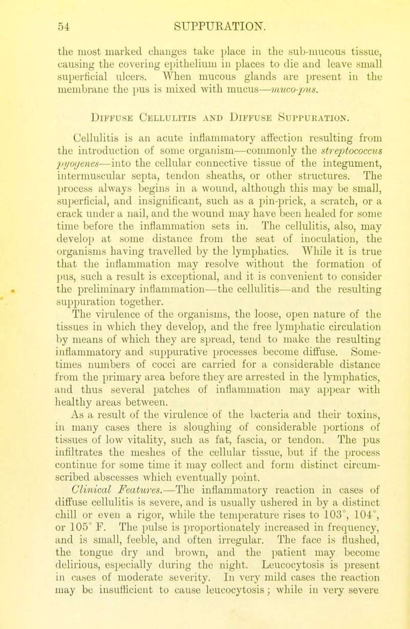 the most marked changes take place in the suL-niucous tissue, causing the covering epithelium in places to die and leave small superficial ulcers. When mucous glands are present in the membrane the pus is mixed with mucus—muco-jms. Diffuse Cellulitis and Diffuse Suppuration. Cellulitis is an acute inflammatory affection resulting from the introduction of some organism—commonly the strej^tococcus pyoijenes—into the cellular connective tissue of the integument, intermuscular septa, tendon sheaths, or other structures. The process always begins in a wound, although this may be small, superficial, and insignificant, such as a j^in-prick, a scratch, or a crack under a nail, and the wound may have been healed for some time before the inflammation sets in. The cellulitis, also, may develop at some distance from the seat of inoculation, the organisms having travelled by the lymphatics. While it is true that the inflammation may resolve without the formation of jjius, such a result is exceptional, and it is convenient to consider the preliminary inflammation—the cellulitis—and the resulting suppuration together. The virulence of the organisms, the loose, open nature of the tissues in which they develop, and the free lymphatic circulation by means of which they are spread, tend to make the resulting inflammatory and suppurative processes become diffuse. Some- times numbers of cocci are carried for a considerable distance from the primary area before they are arrested in the lymphatics, and thus several patches of inflammation may appear ^^ith healthy areas between. As a result of the virulence of the bacteria and their toxins, in many cases there is sloughing of considerable portions of tissues of low vitality, such as fat, fascia, or tendon. The pus infiltrates the meshes of the cellular tissue, but if the process continue for some time it may collect and form distinct circum- scribed abscesses which eventually point. Clinical Feahcres.—The inflammatory reaction in cases of diffuse cellulitis is severe, and is usually ushered in by a distinct chill or even a rigor, while the temperature rises to 103, 104°, or 105° F. The pulse is proportionately increased in frequency, and is small, feeble, and often irregular. The face is flushed, the tongue dry and brown, and the i)atient may become delirious, especially during the night. Leucocytosis is i^resent in cases of moderate severity. In very mild cases the reaction may be insufficient to cause leucocytosis; while in very severe